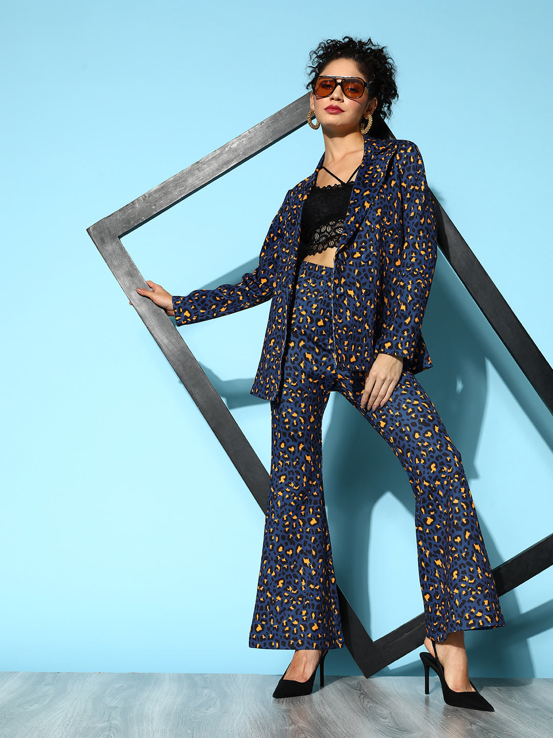 Navy Cheetah Scuba Double Breasted Blazer -SASSAFRAS