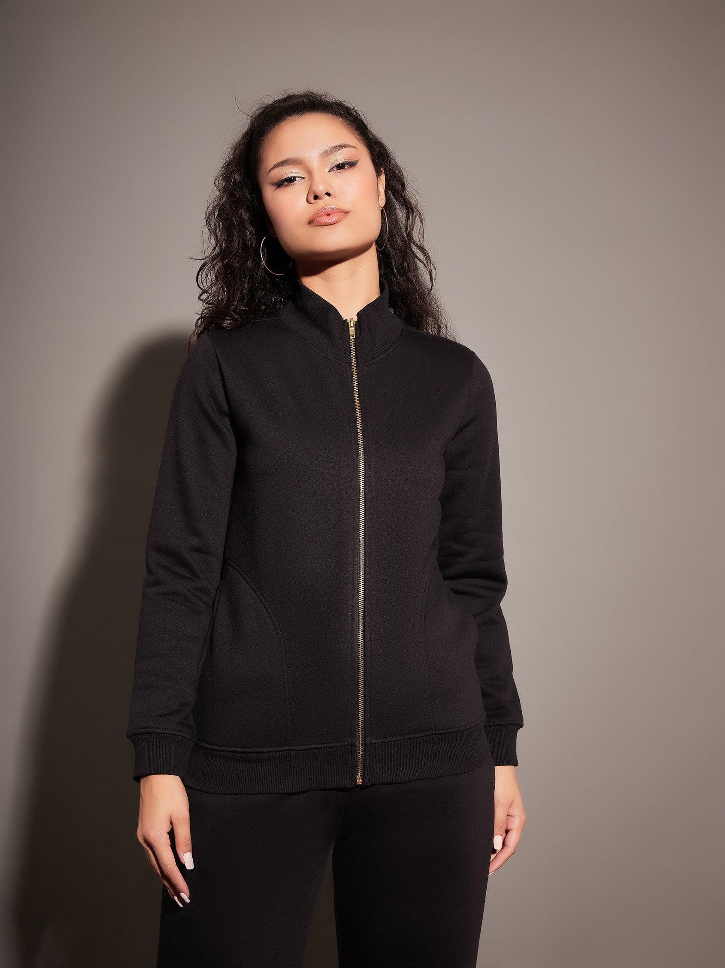Black Fleece Zipper Jacket-SASSAFRAS