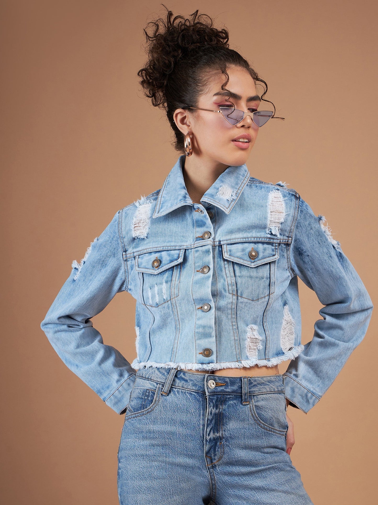 Ice Blue Distressed Denim Crop Jacket-SASSAFRAS