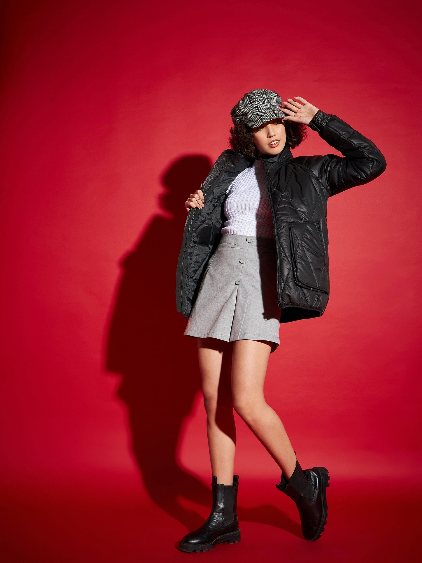 Black High Neck Diamond Quilt Puffer Jacket-SASSAFRAS