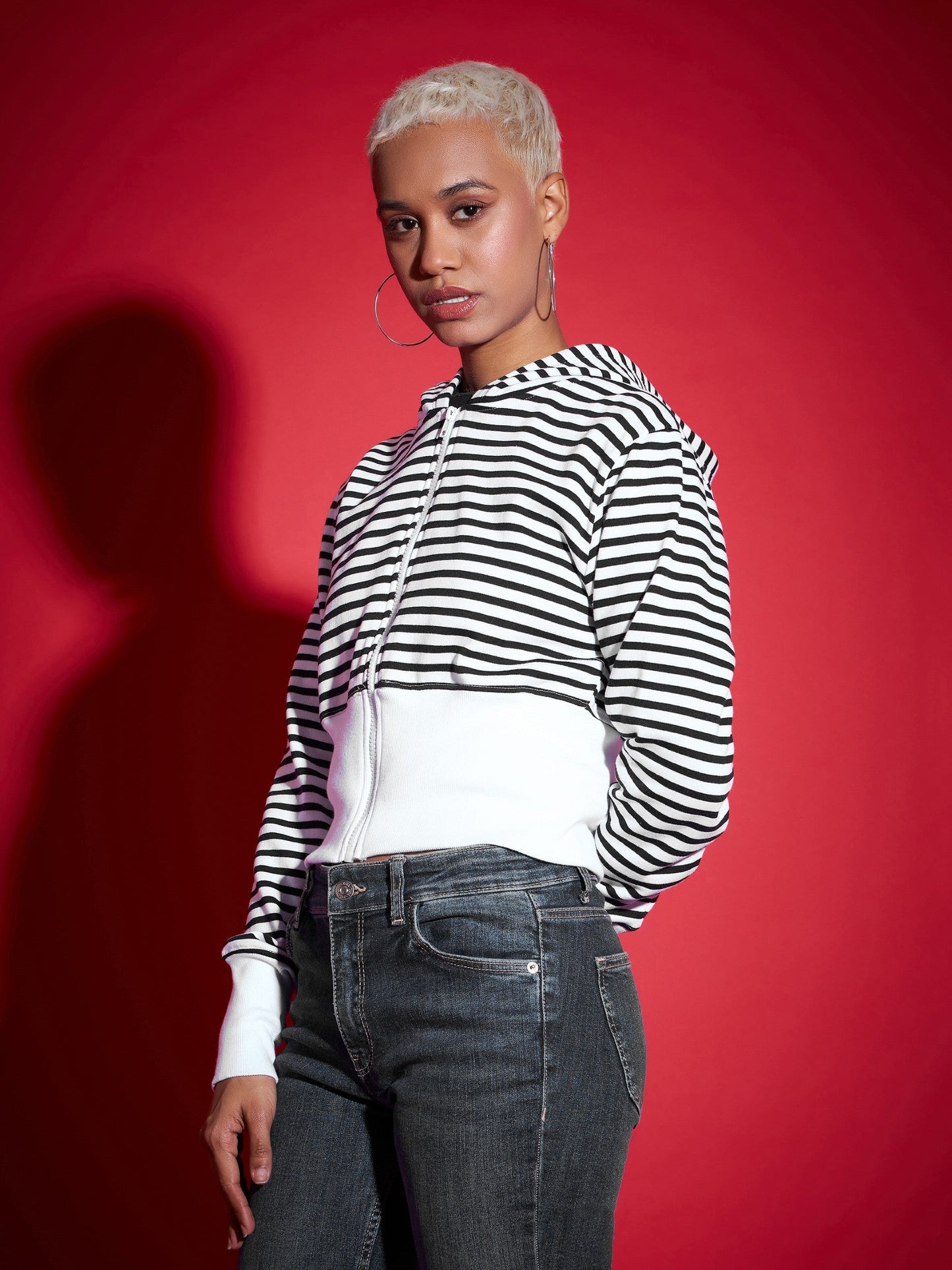 Black & White Striped Fleece Hooded Jacket-SASSAFRAS