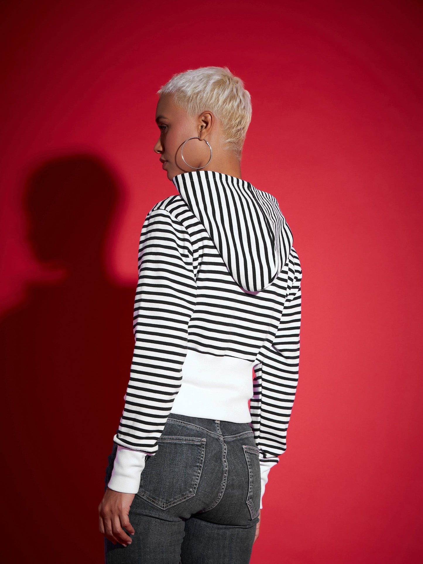 Black & White Striped Fleece Hooded Jacket-SASSAFRAS