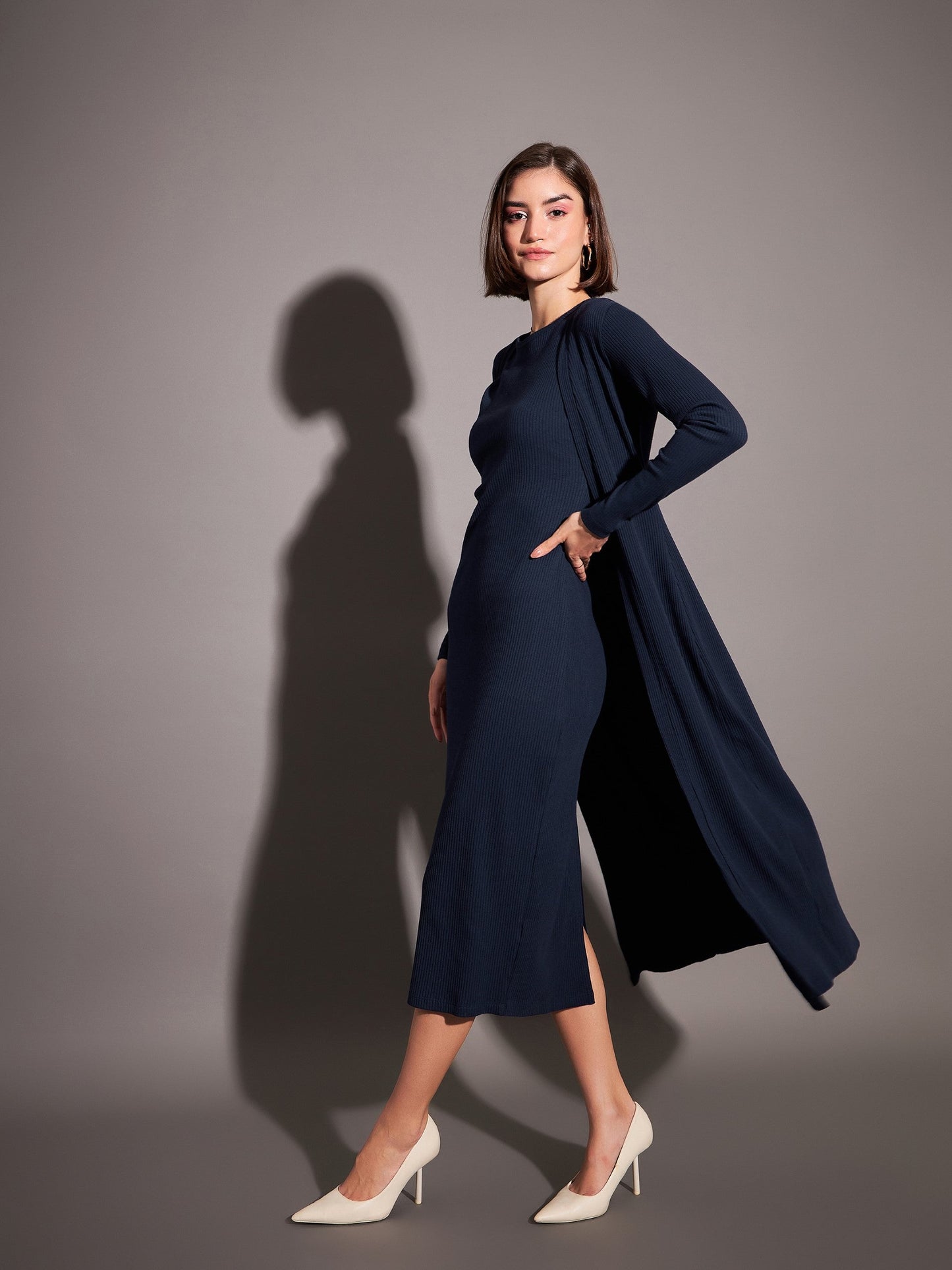 Navy Solid Rib Front Open Shrug-SASSAFRAS