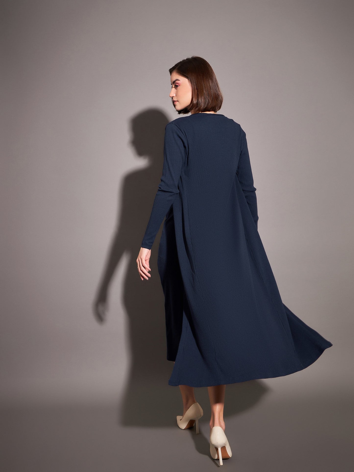 Navy Solid Rib Front Open Shrug-SASSAFRAS