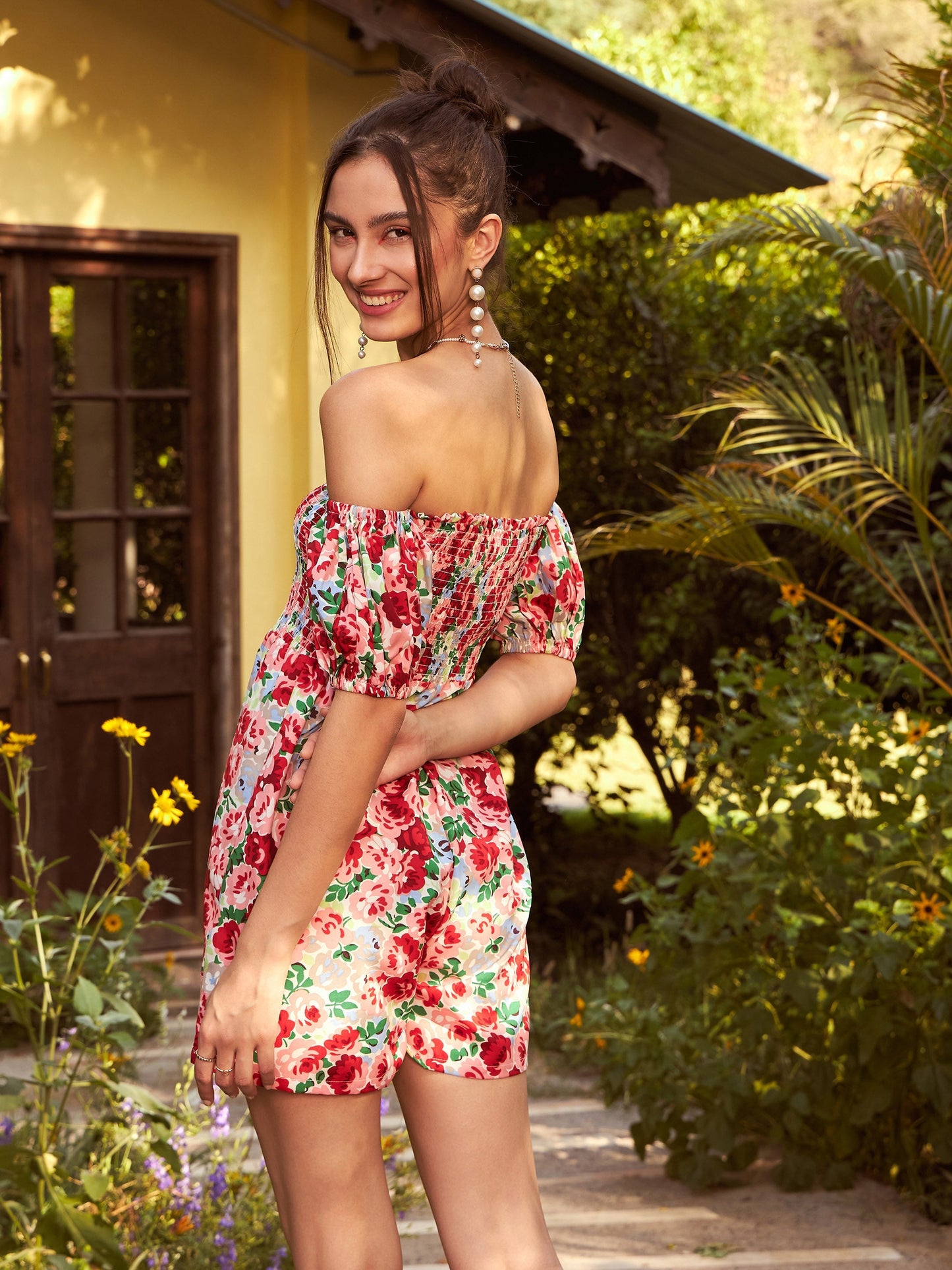 Red Floral Smoked Off Shoulder Playsuit-SASSAFRAS