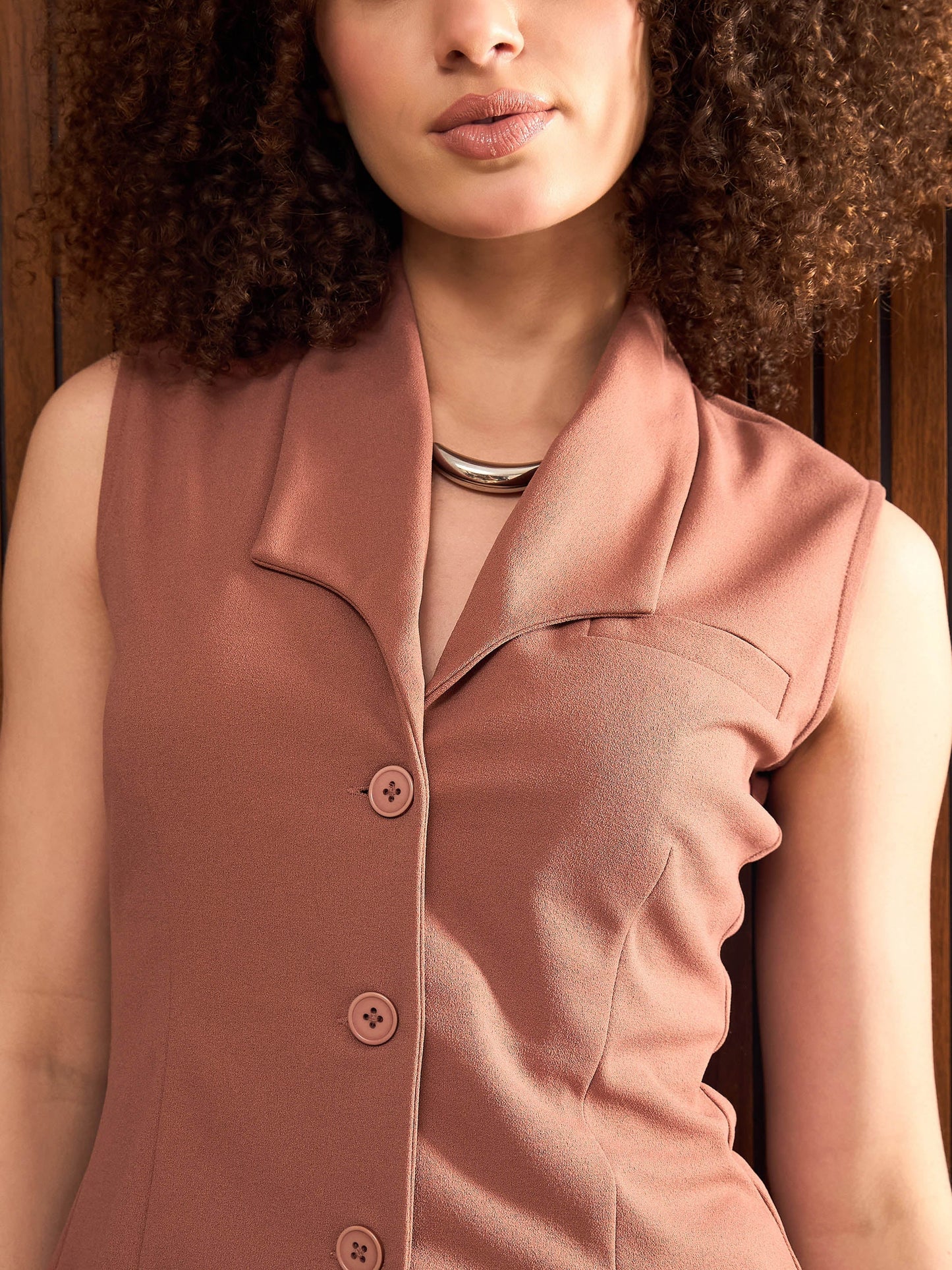 Women Rust Button Down Top with Belted Pants