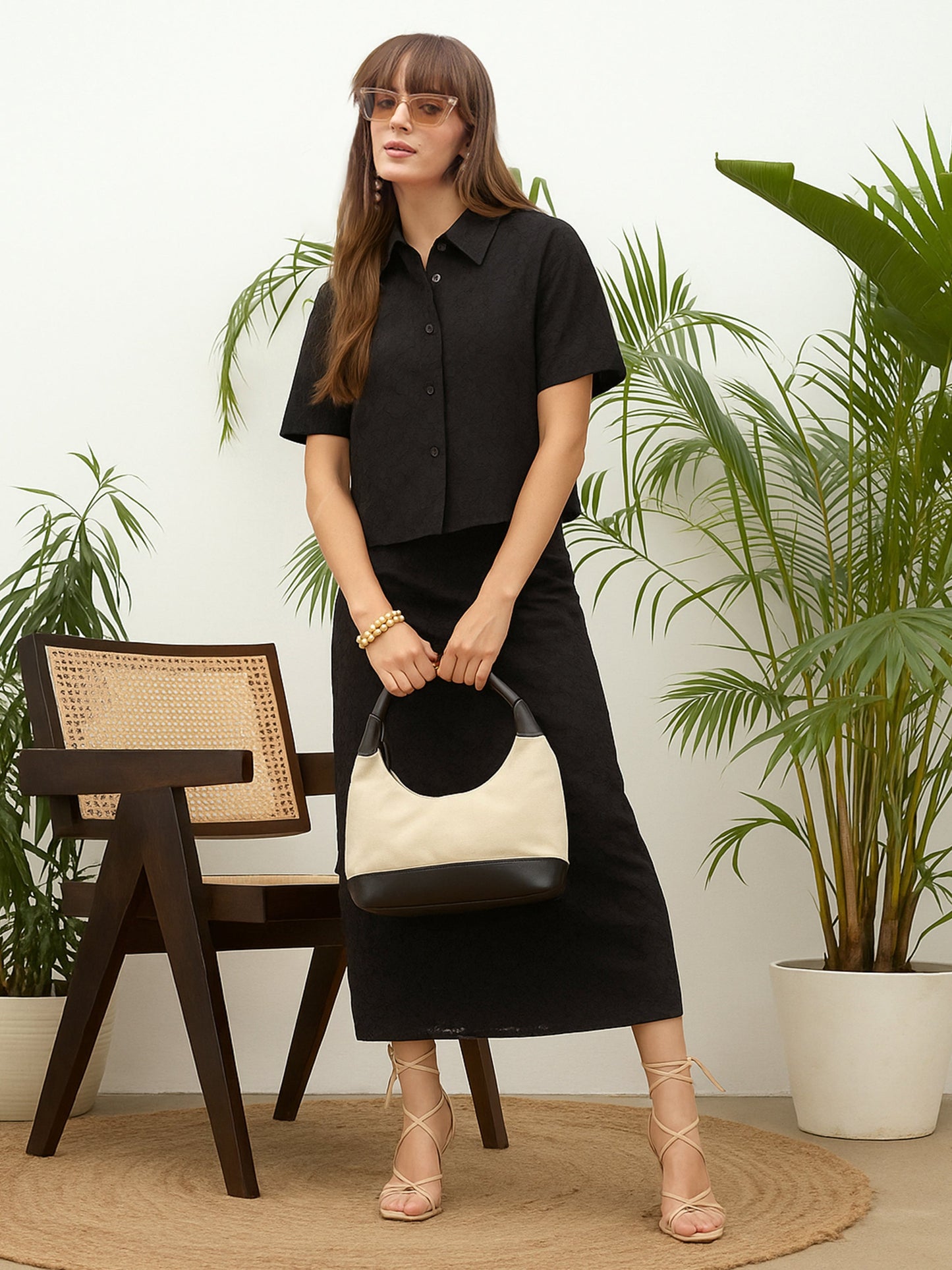 Women Black Schiffli Shirt with Skirt
