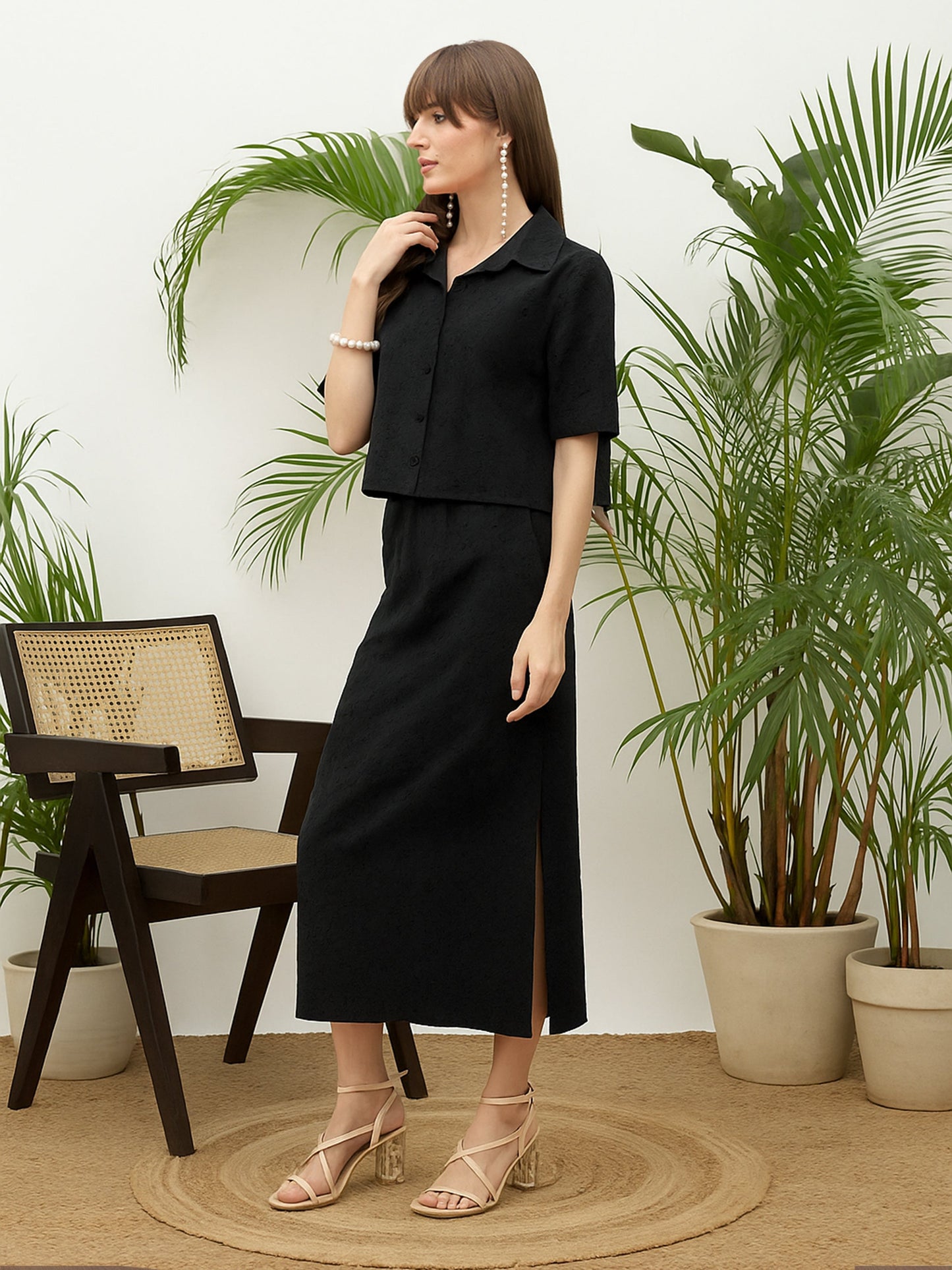 Women Black Schiffli Shirt with Skirt