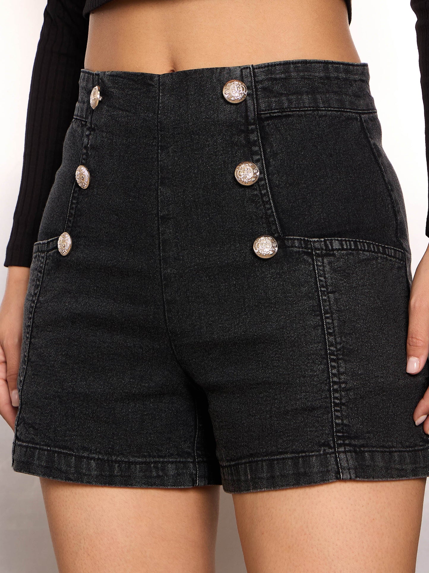 Women Black Washed Denim Front Button Detail Shorts