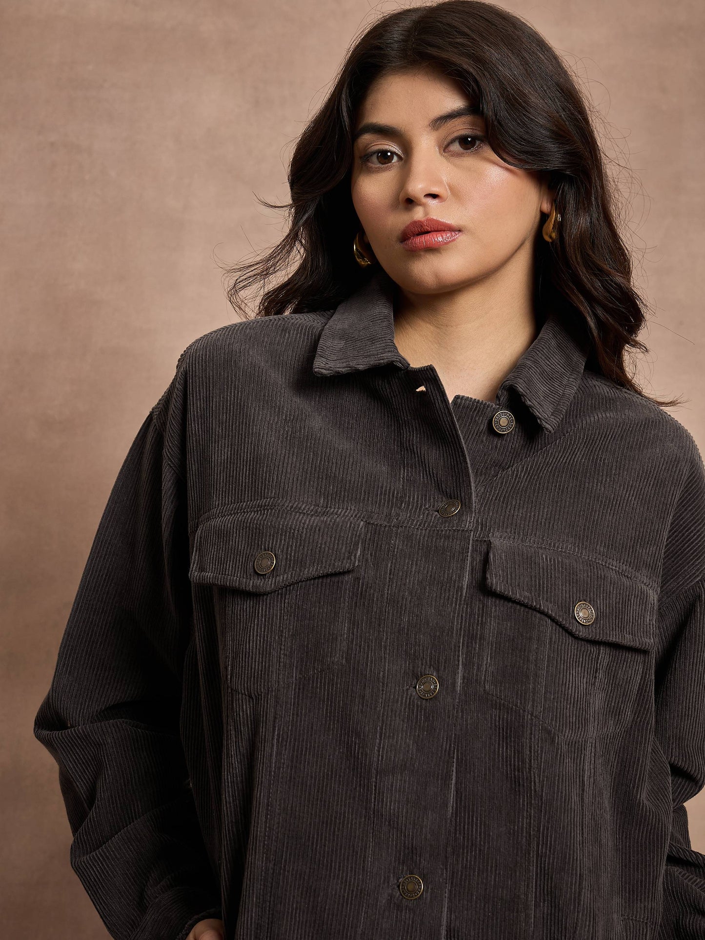 Dark Grey Corduroy Oversize Shacket-SASSAFRAS