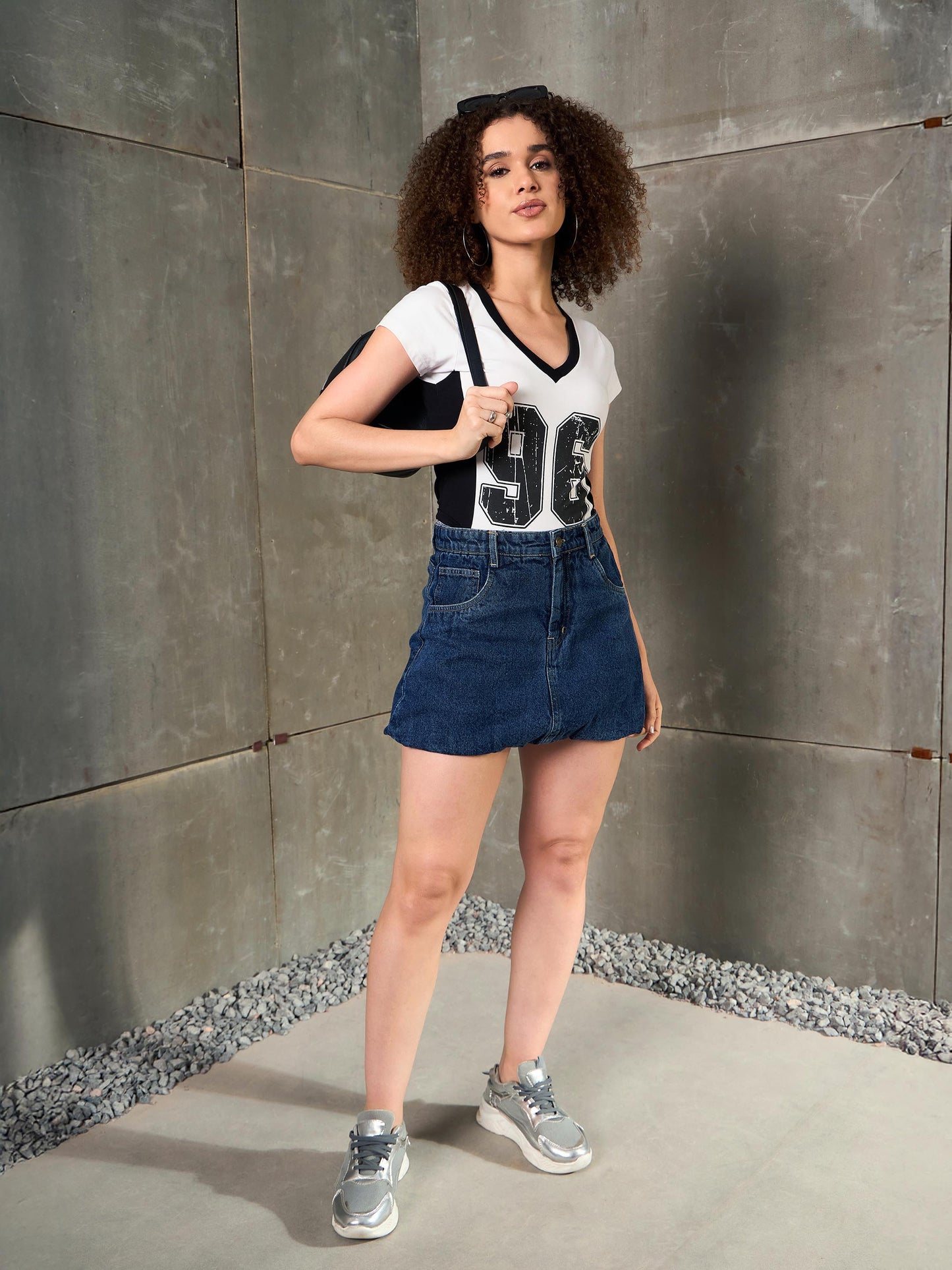 Women White & Black 96 Print Fitted T-Shirt