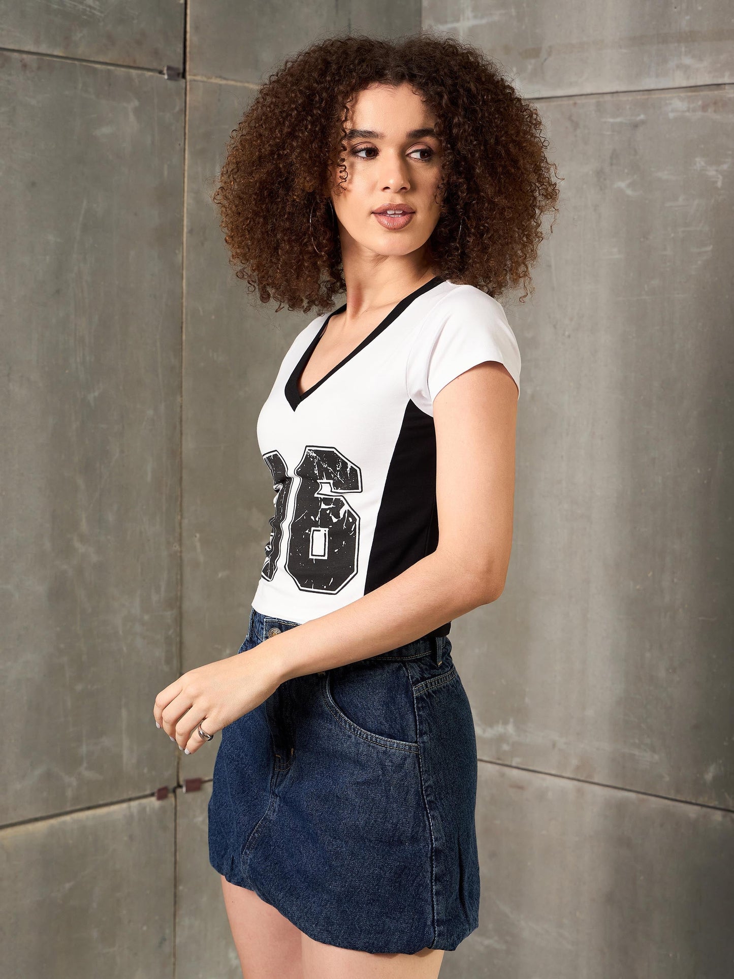 Women White & Black 96 Print Fitted T-Shirt