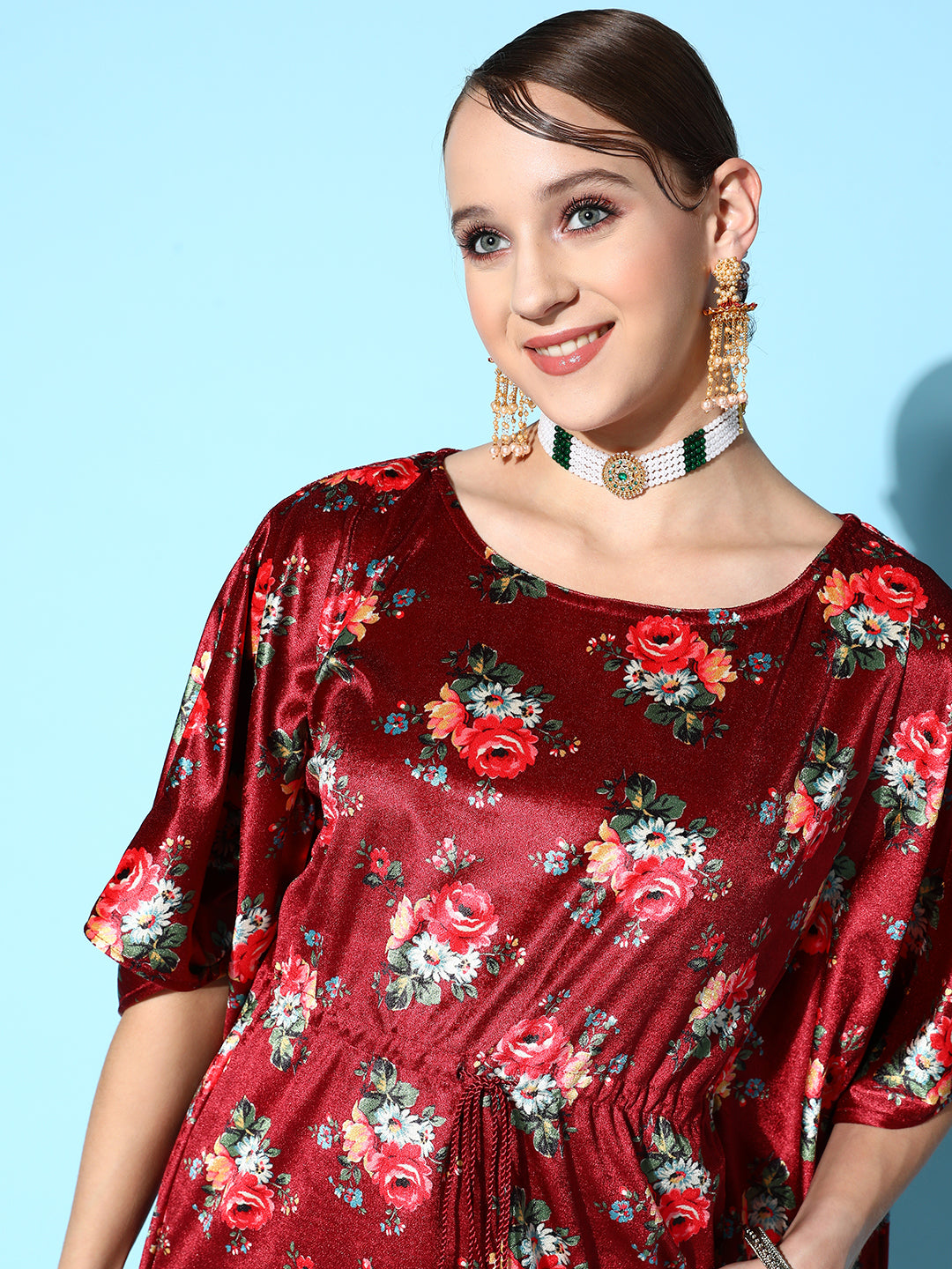 Maroon Floral Velvet High Low Kaftan Dress-Shae by SASSAFRAS