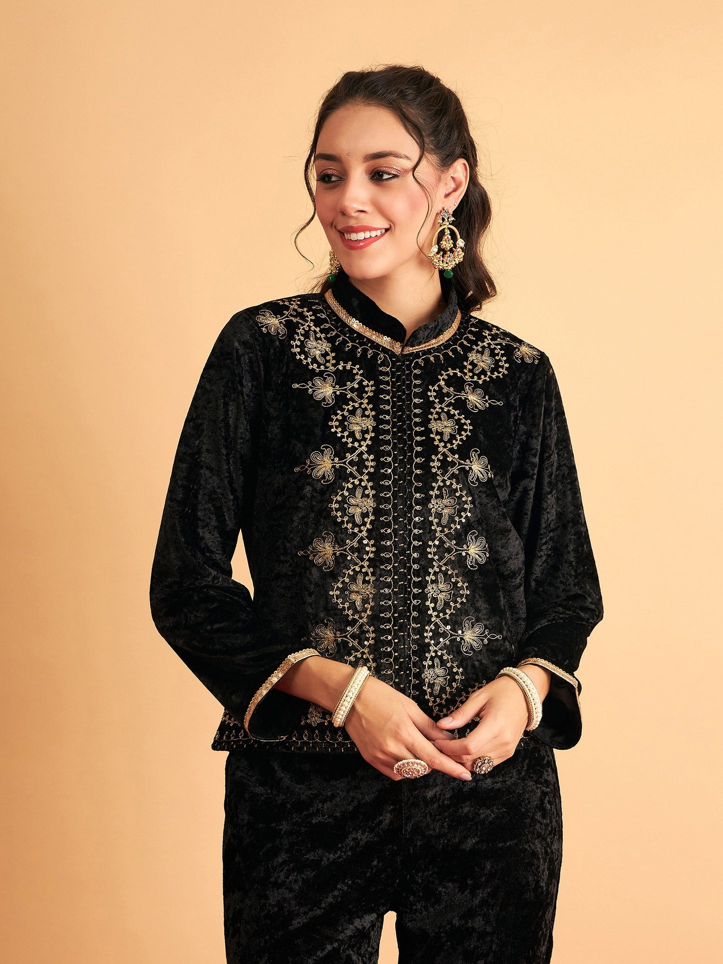 Black Velvet Front Embroidered Jacket-Shae by SASSAFRAS