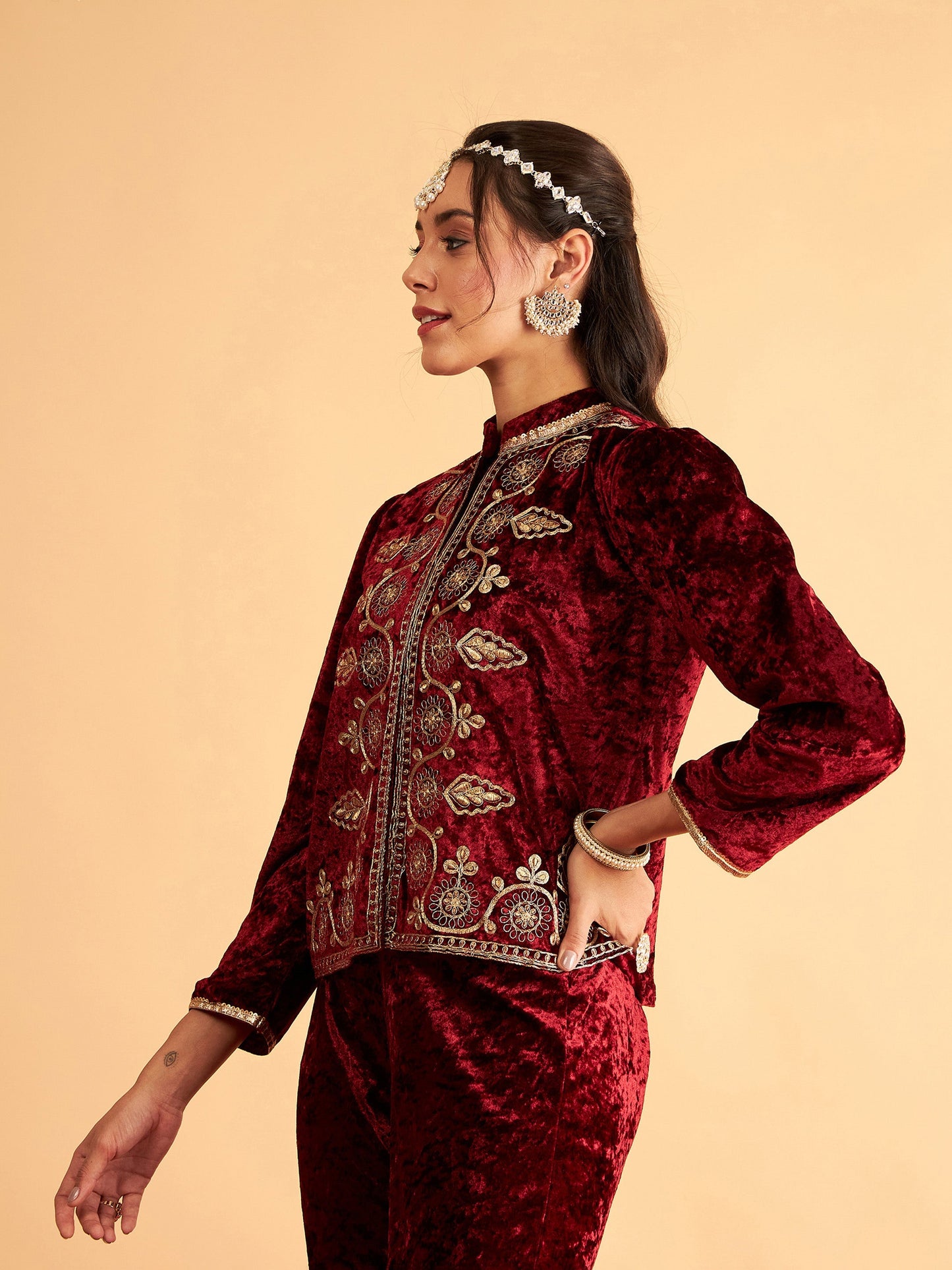 Maroon Velvet Front Embroidered Jacket-Shae by SASSAFRAS