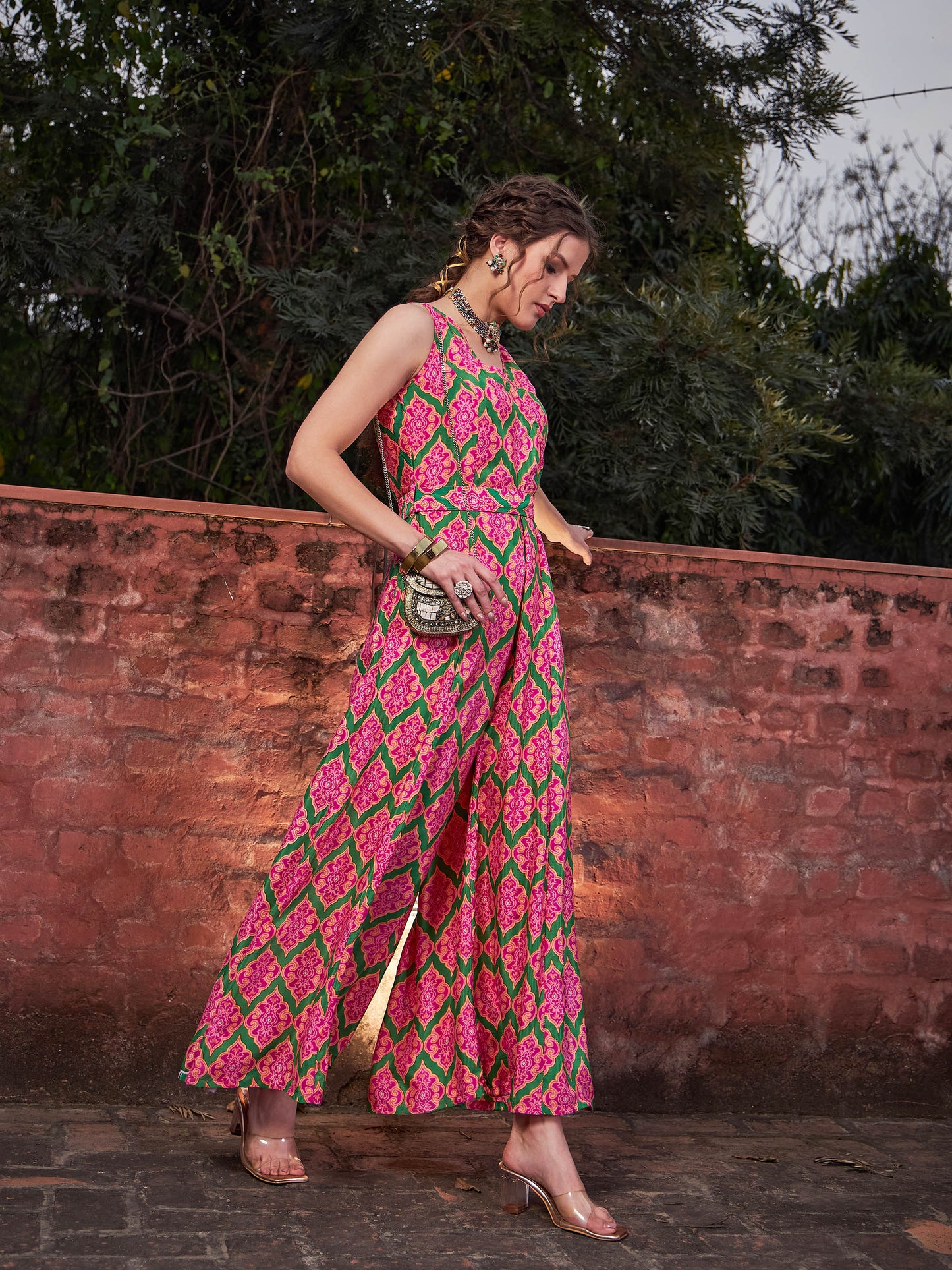 Pink & Green Floral Sleeveless Wrap Jumpsuits-Shae by SASSAFRAS