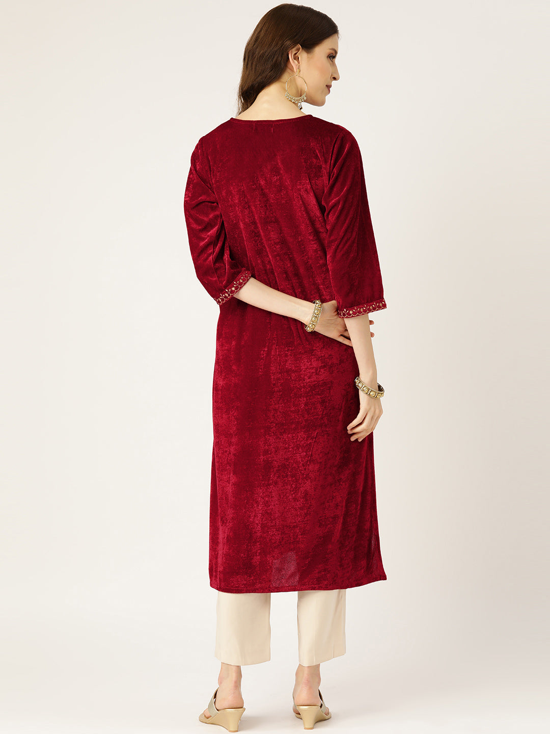 Maroon Zari Embroidery V Slit Straight Velvet Kurta