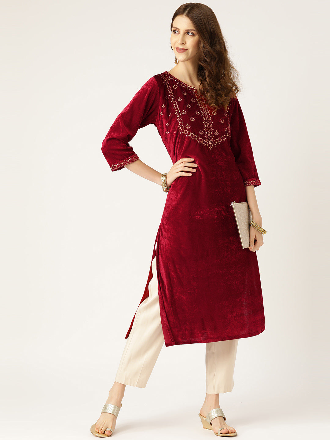 Maroon Zari Embroidery V Slit Straight Velvet Kurta