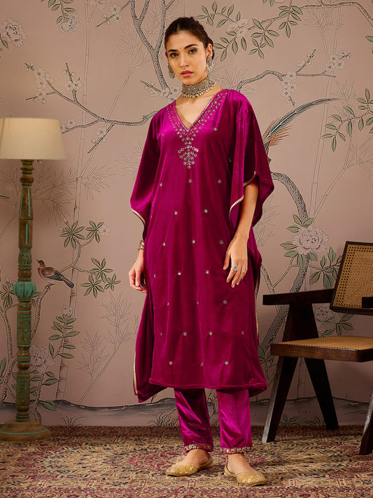 Fuchsia Velvet Front Embroidered Kaftan Kurta-Shae by SASSAFRAS