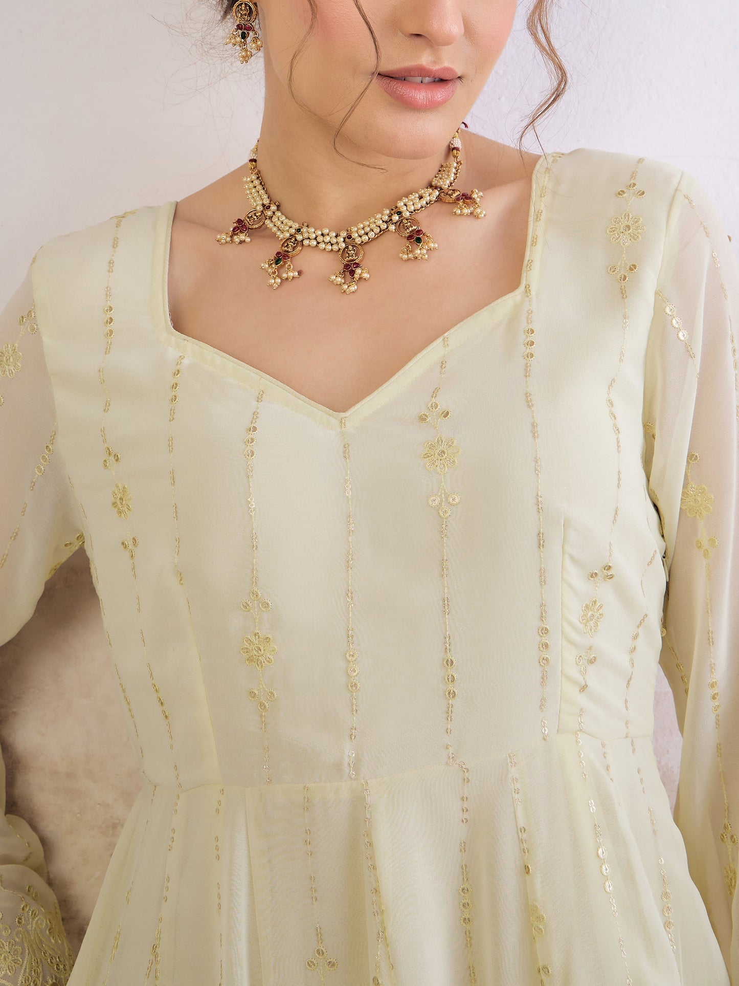 Pastel Yellow Sweetheart Neck Sequence Anarkali Kurta-Shae by SASSAFRAS
