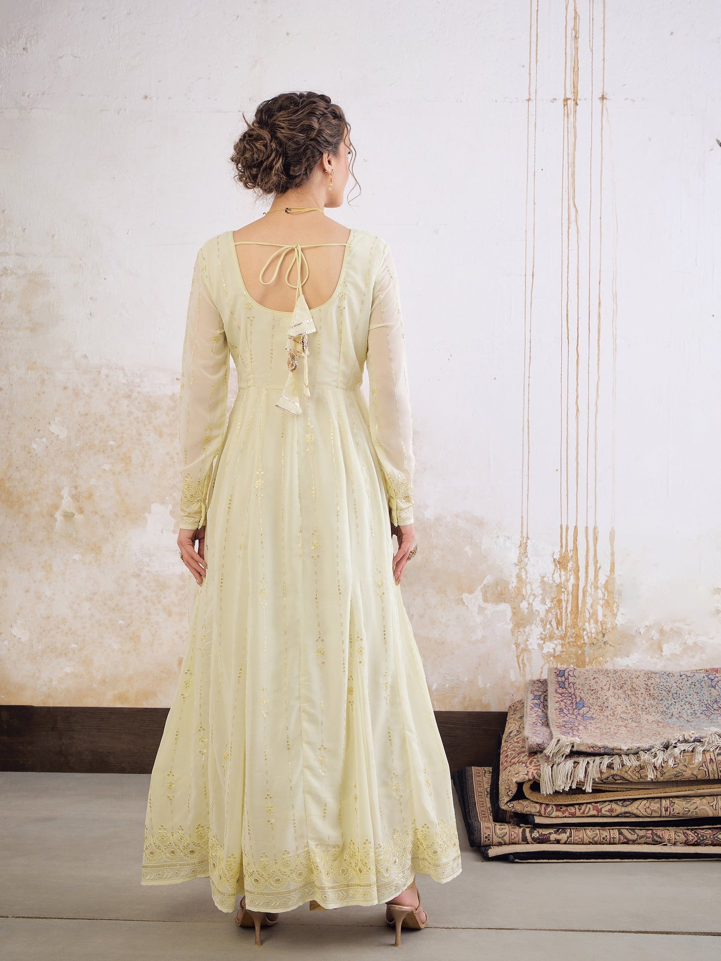 Pastel Yellow Sweetheart Neck Sequence Anarkali Kurta-Shae by SASSAFRAS