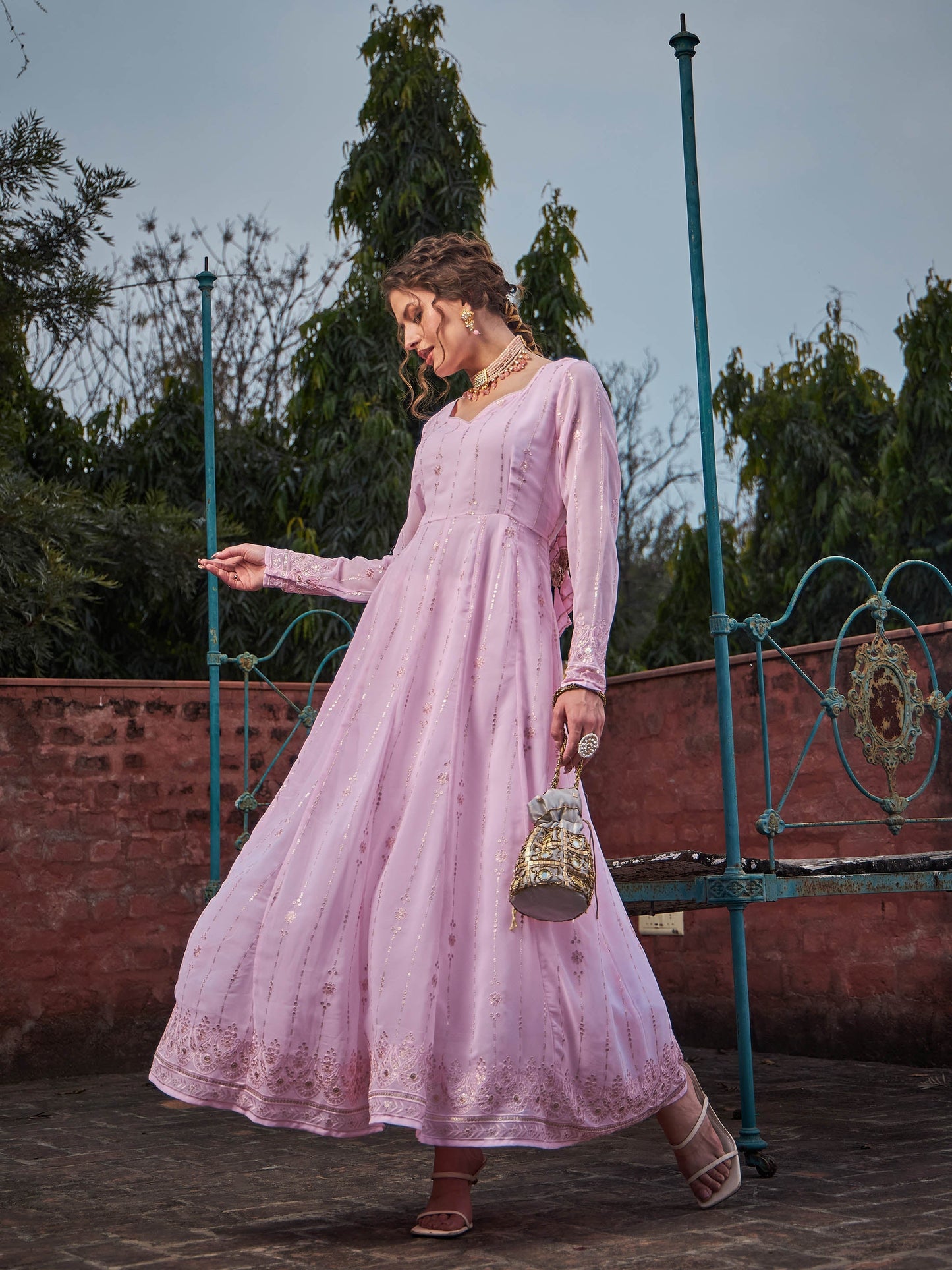 Pastel Pink Sweetheart Neck Anarkali Kurta -Shae by SASSAFRAS