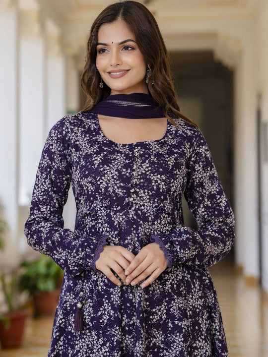Purple Floral Printed Empire Pure Cotton Anarkali Kurta with Pyjama & Dupatta