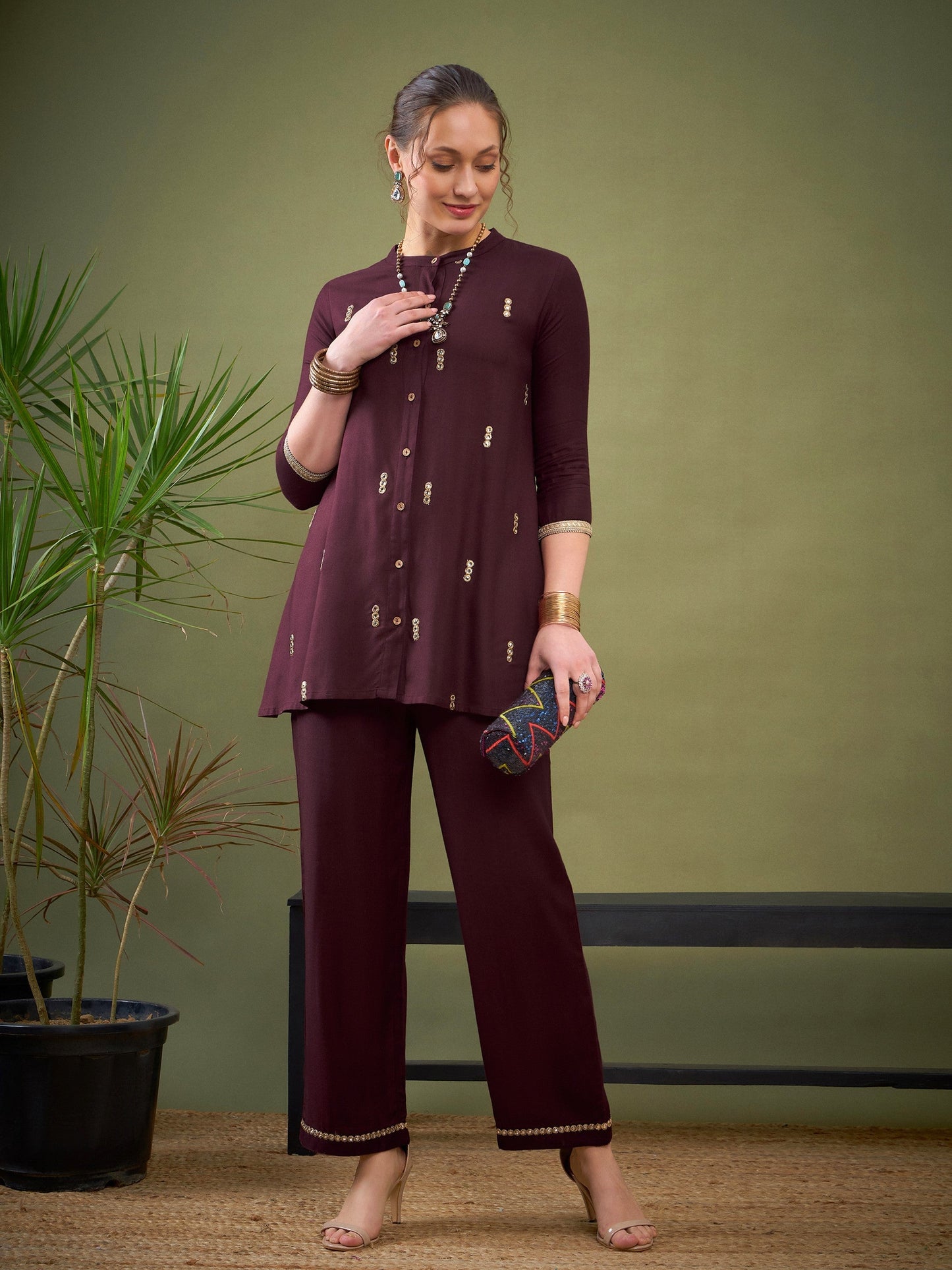 Burgundy Rayon Mirror Embroidered Shirt With Palazzos-Shae by SASSAFRAS