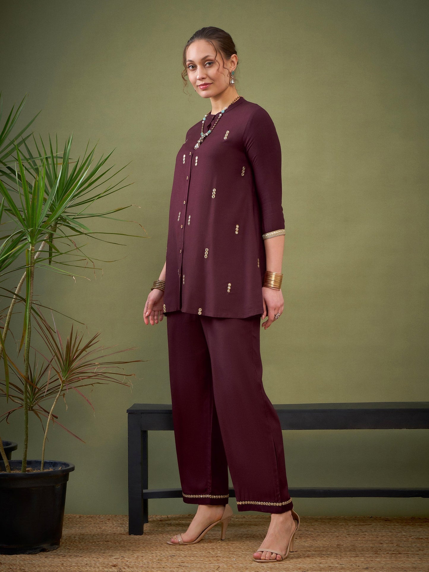 Burgundy Rayon Mirror Embroidered Shirt With Palazzos-Shae by SASSAFRAS