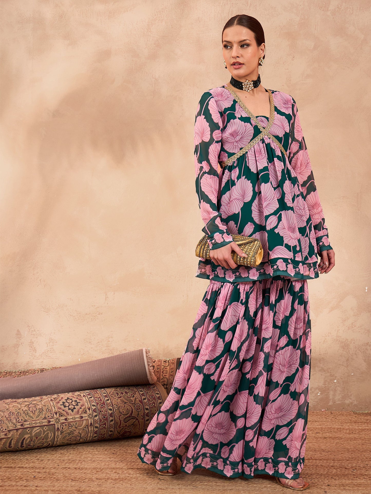 Green & Pink Floral Peplum Top With Sharara Pants -Shae by SASSAFRAS