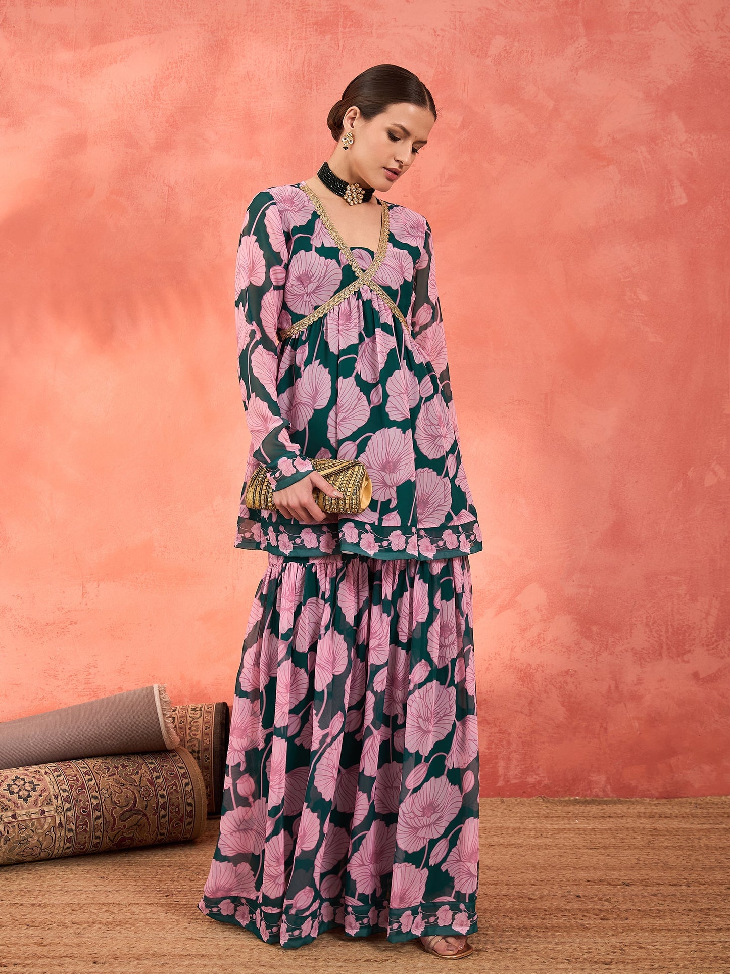 Green & Pink Floral Peplum Top With Sharara Pants -Shae by SASSAFRAS