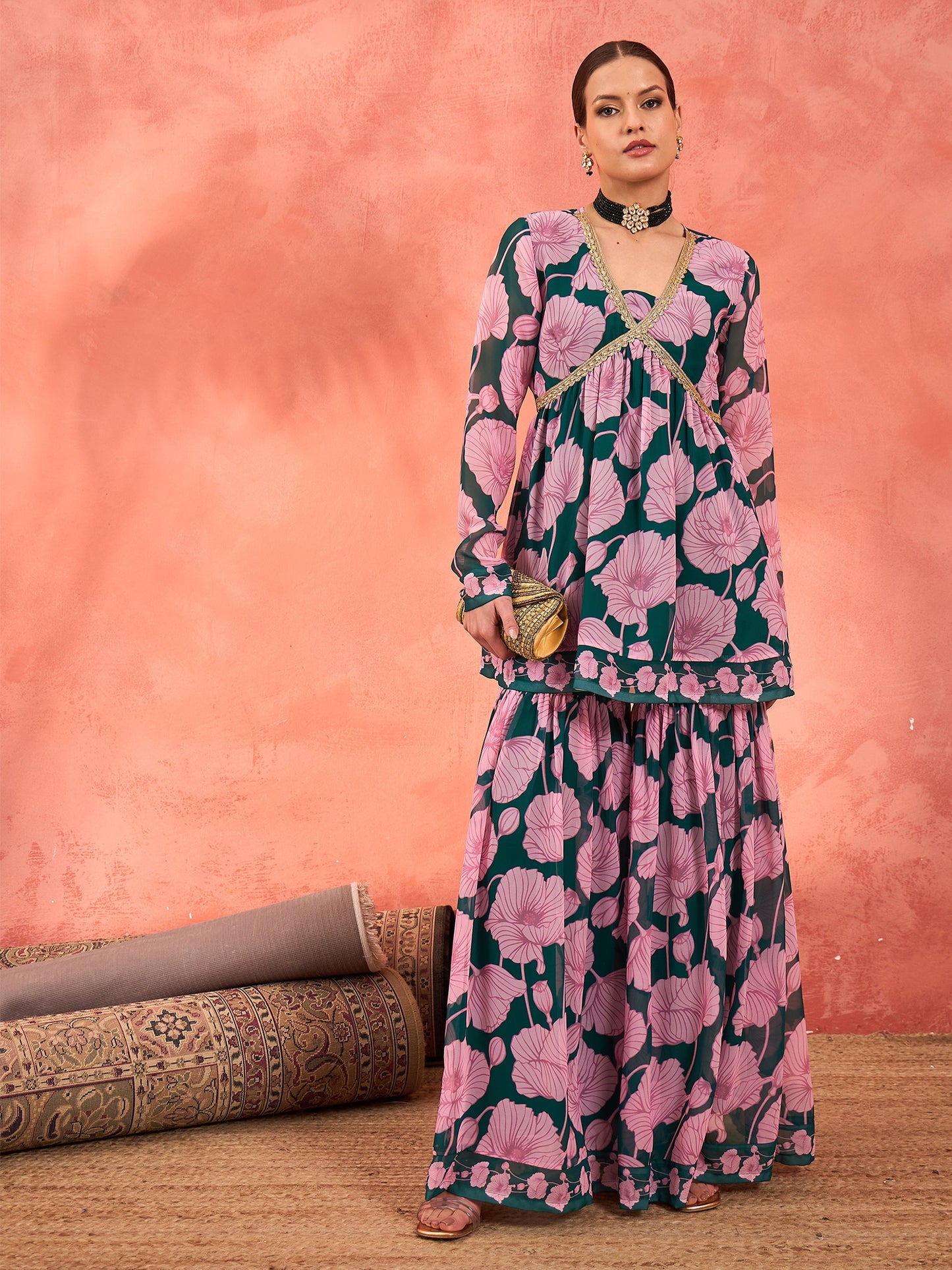 Green & Pink Floral Peplum Top With Sharara Pants -Shae by SASSAFRAS