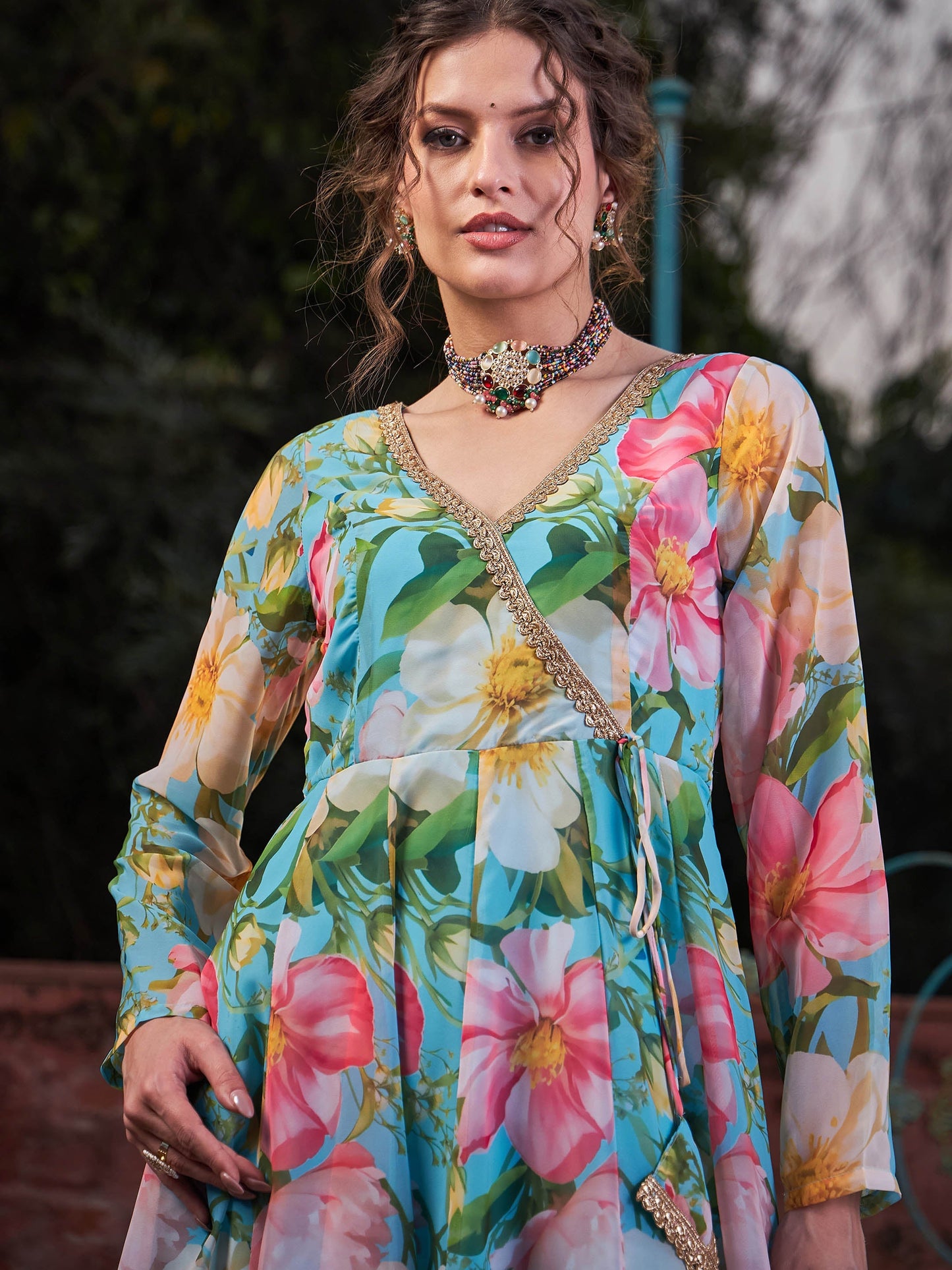 Aqua Blue Floral Wrap Anarkali Kurta With Stripes Palazzo-Shae by SASSAFRAS