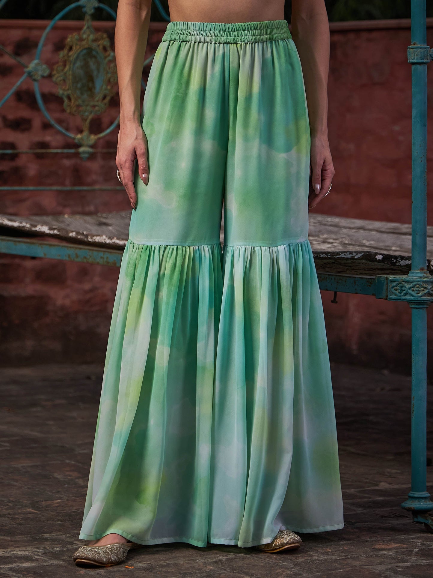 Lime Green Tie & Dye Short Kurta With Sharara Pants & Dupatta-Shae by SASSAFRAS