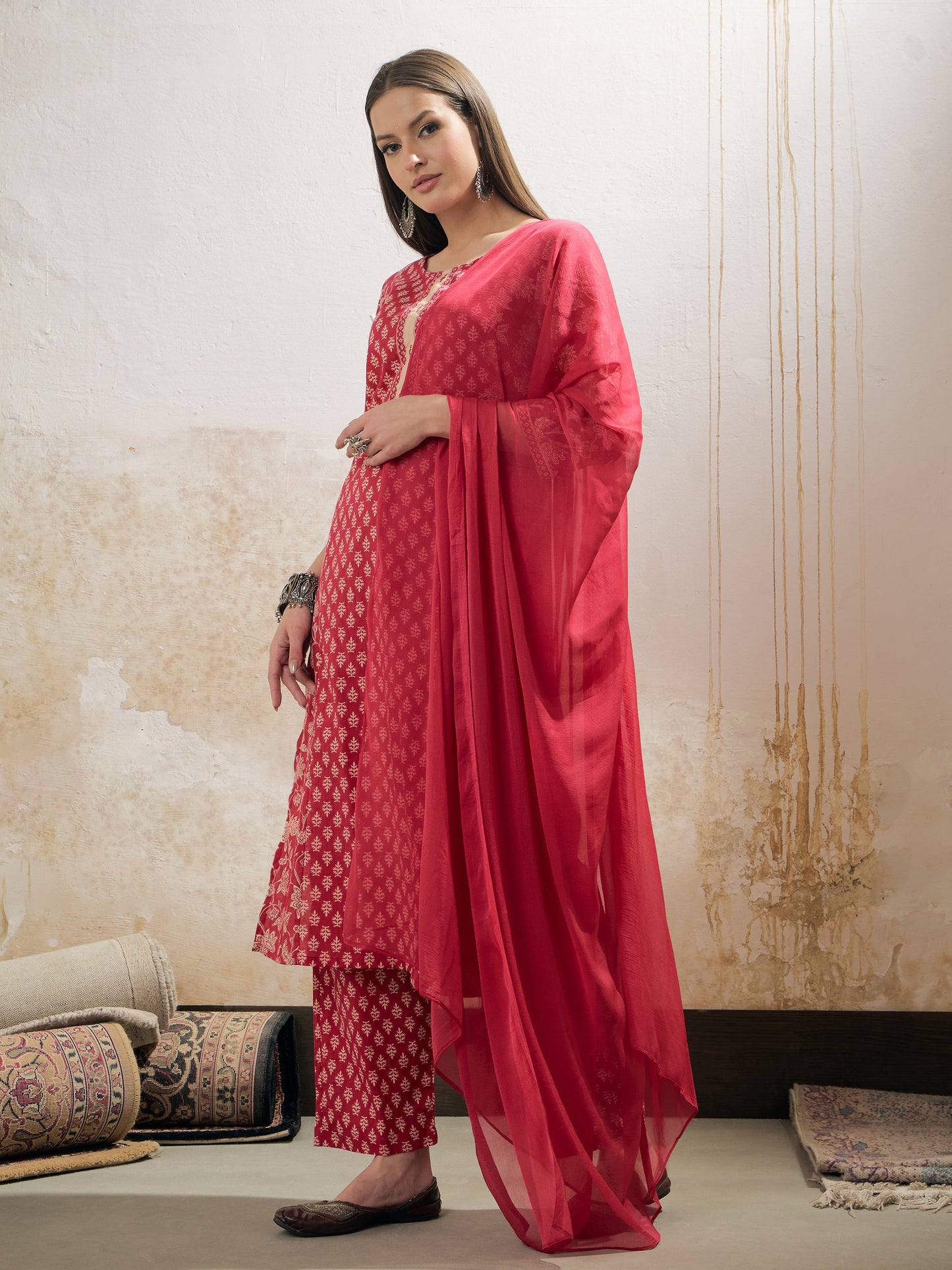 Pink Floral Cambric Kurta With Pencil Pants & Dupatta-Shae by SASSAFRAS