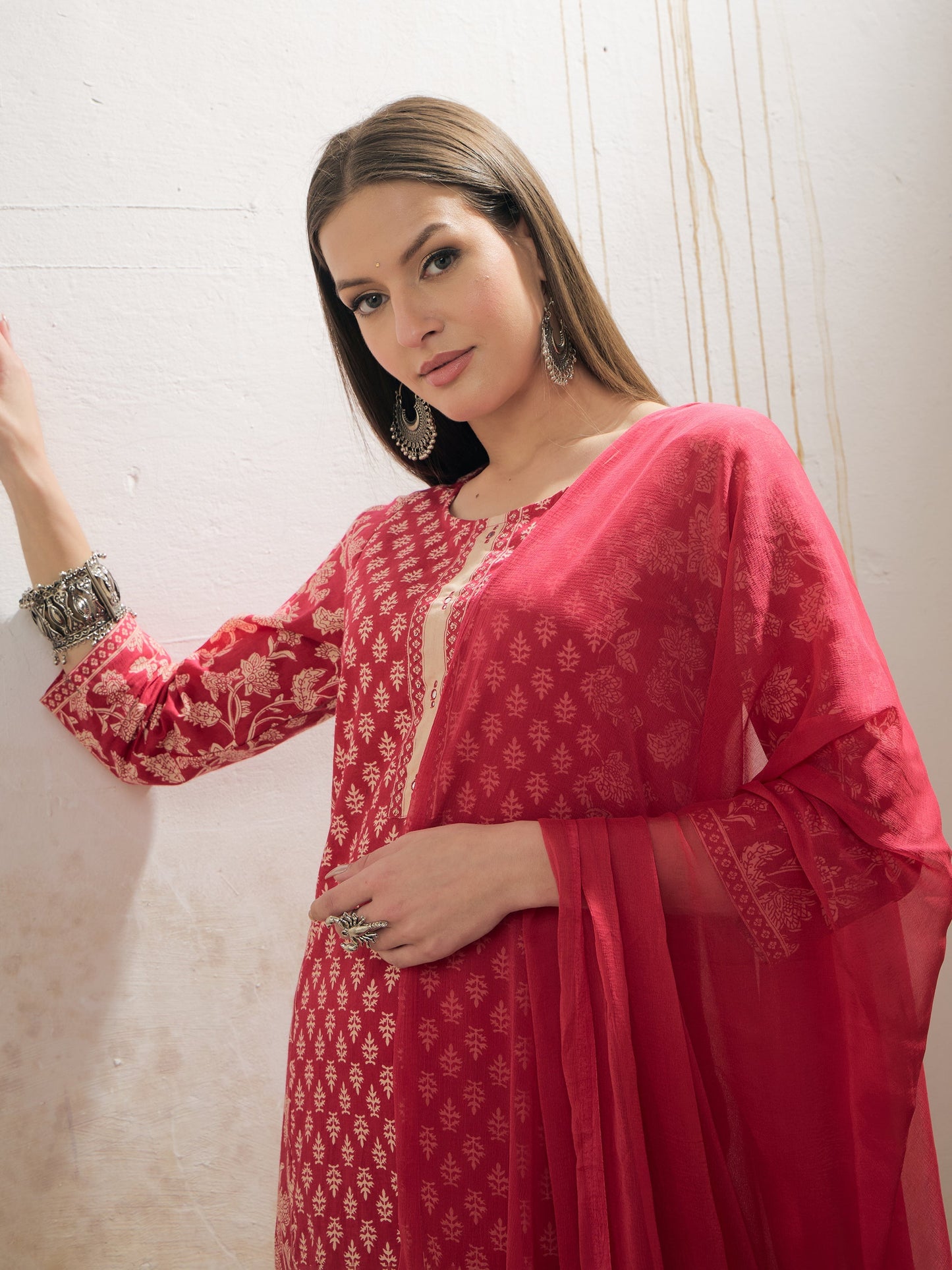Pink Floral Cambric Kurta With Pencil Pants & Dupatta-Shae by SASSAFRAS