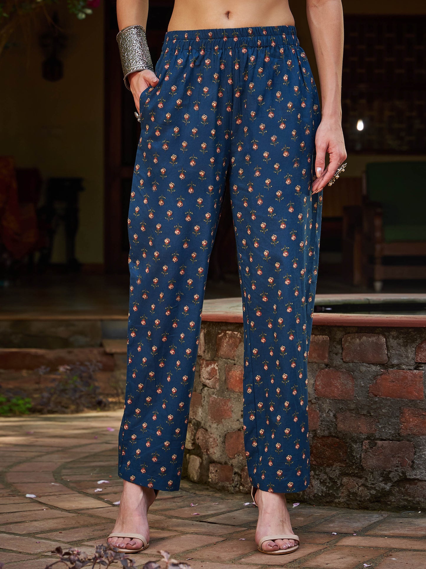 Navy Floral Front Dori Gathered Kurta With Pencil Pants & Dupatta-Shae by SASSAFRAS