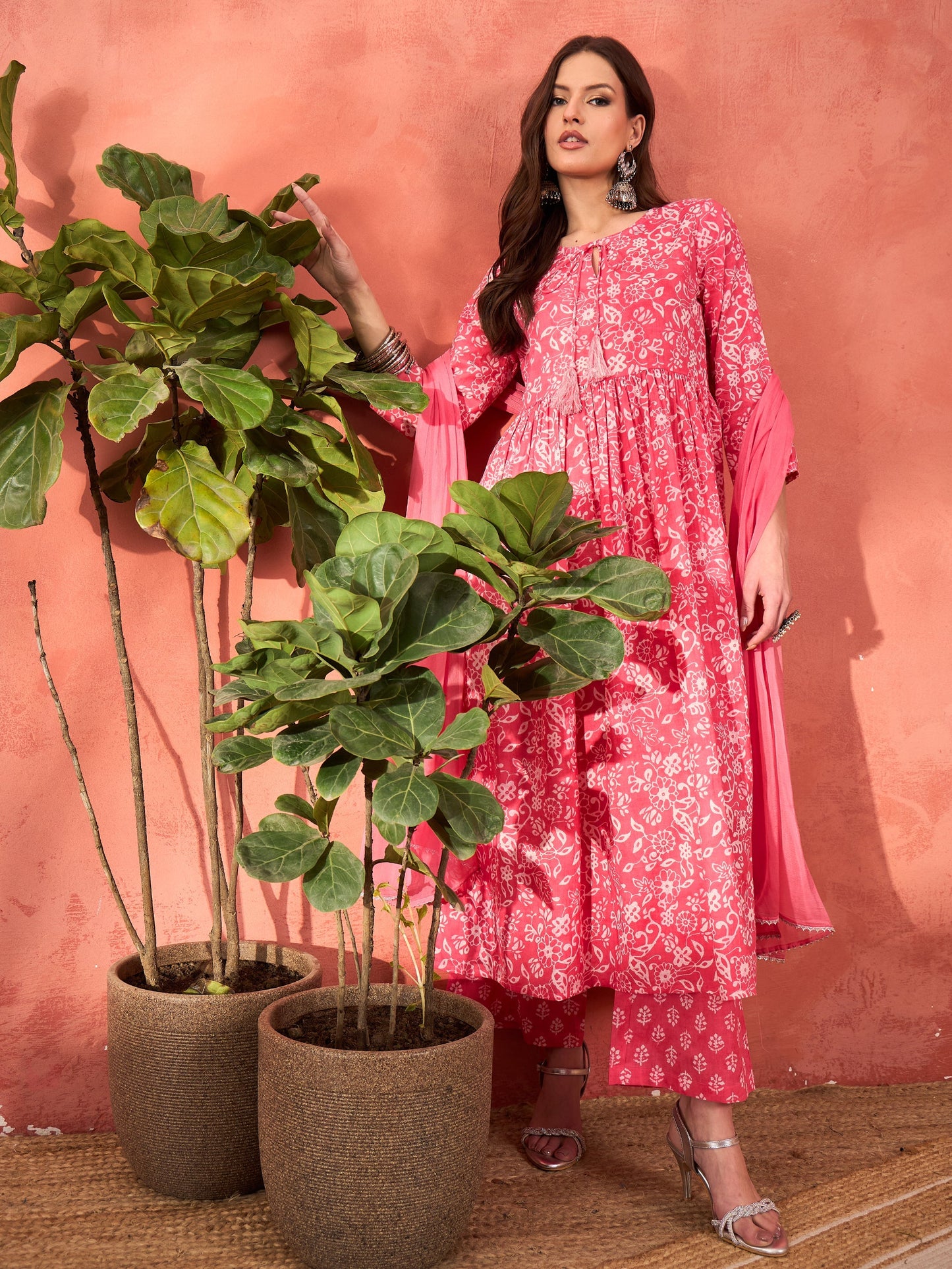 Pink Floral Round Neck Gathered Kurta With Pencil Pants & Dupatta-Shae by SASSAFRAS
