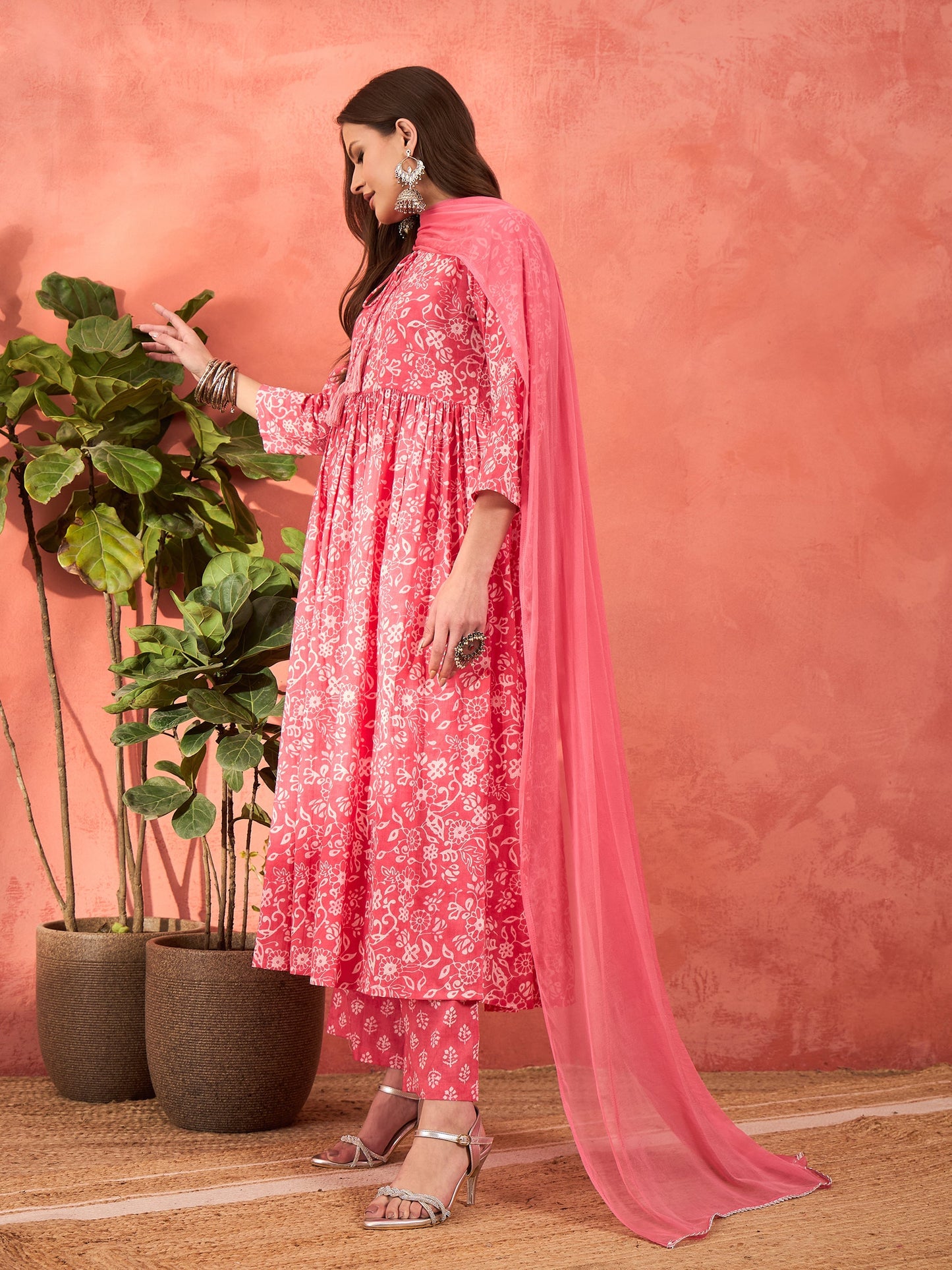 Pink Floral Round Neck Gathered Kurta With Pencil Pants & Dupatta-Shae by SASSAFRAS