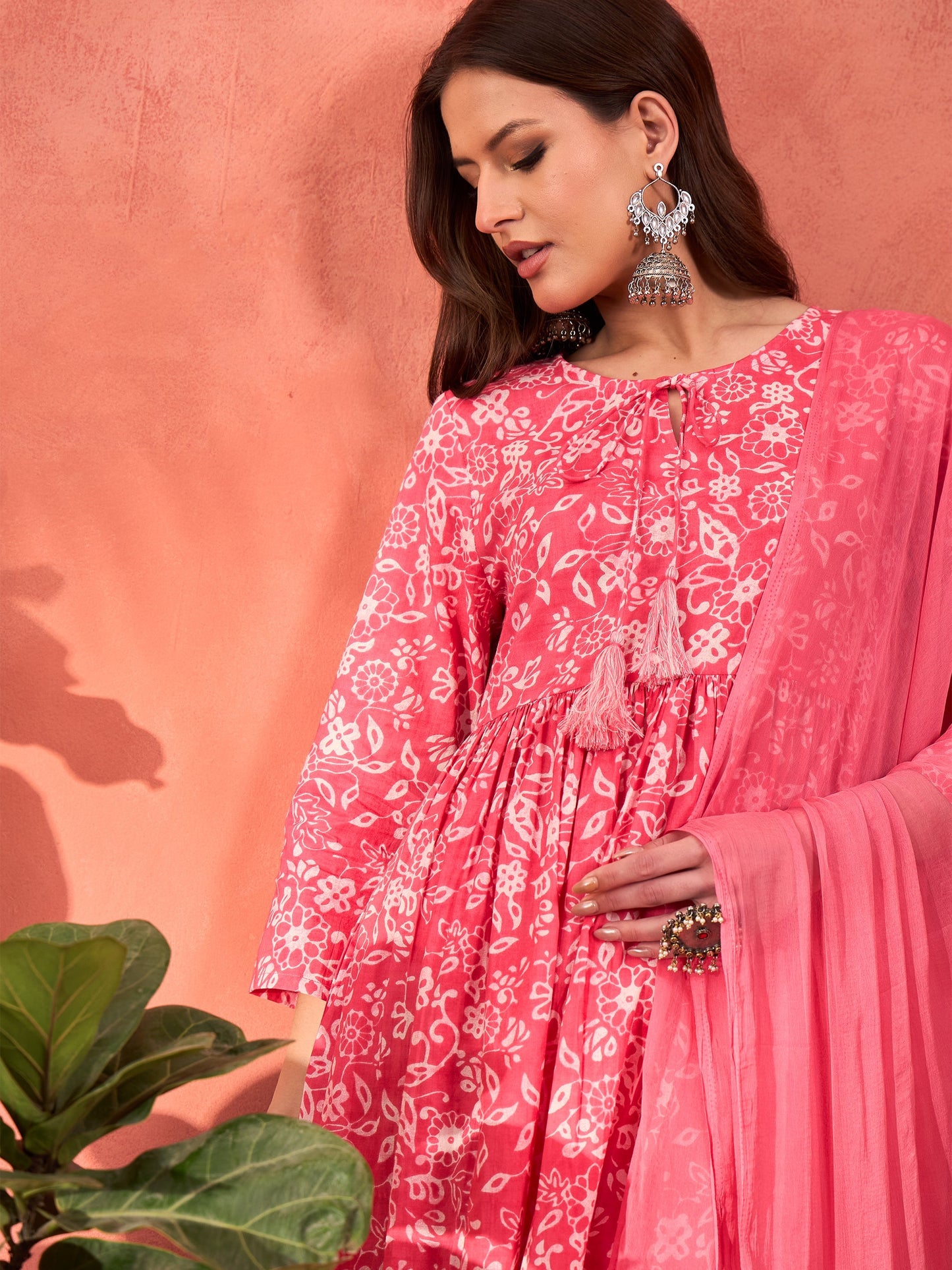 Pink Floral Round Neck Gathered Kurta With Pencil Pants & Dupatta-Shae by SASSAFRAS