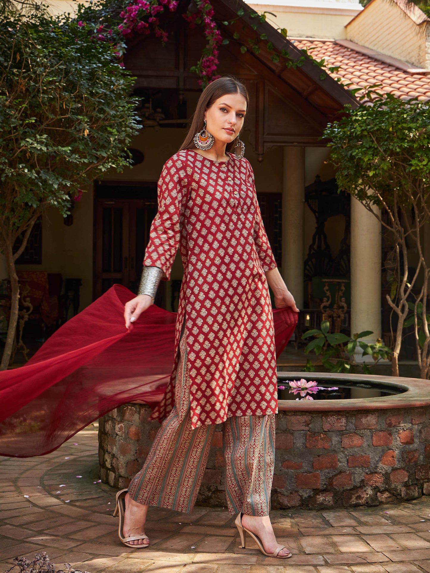 Maroon Floral Straight Kurta With Pants & Dupatta-Shae by SASSAFRAS