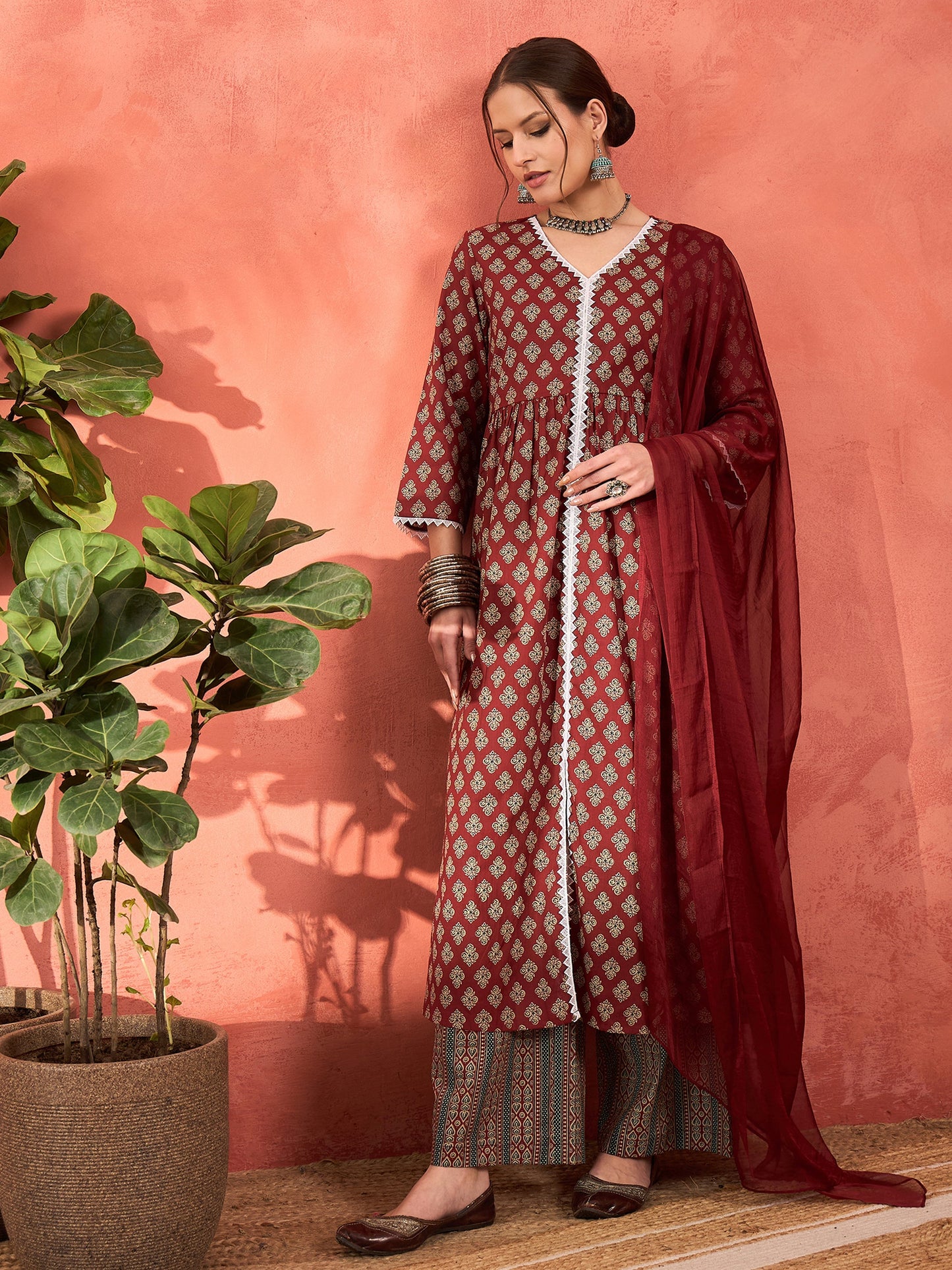 Maroon Floral Front Slit Kurta With Pencil Pants & Dupatta-Shae by SASSAFRAS