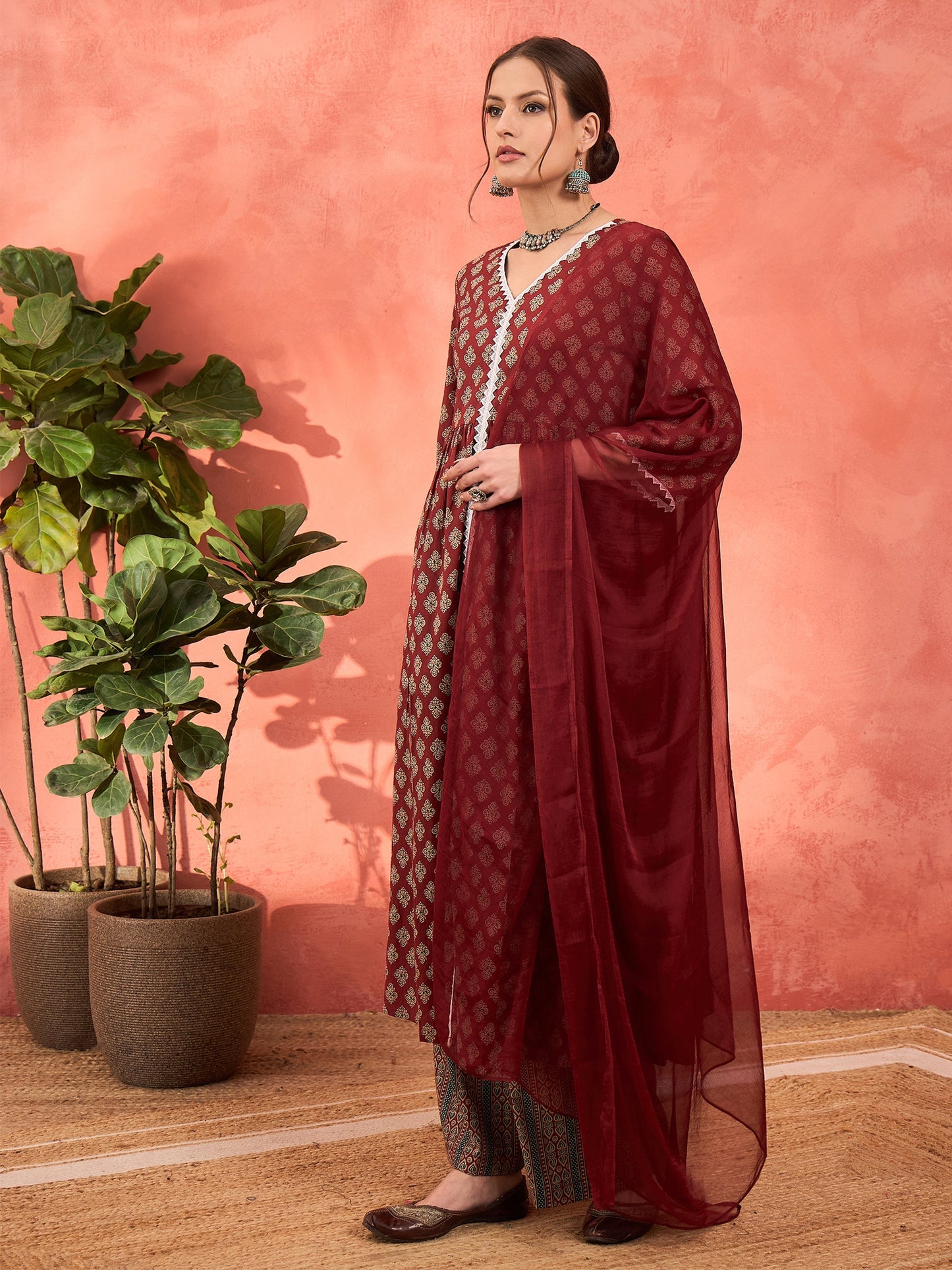 Maroon Floral Front Slit Kurta With Pencil Pants & Dupatta-Shae by SASSAFRAS