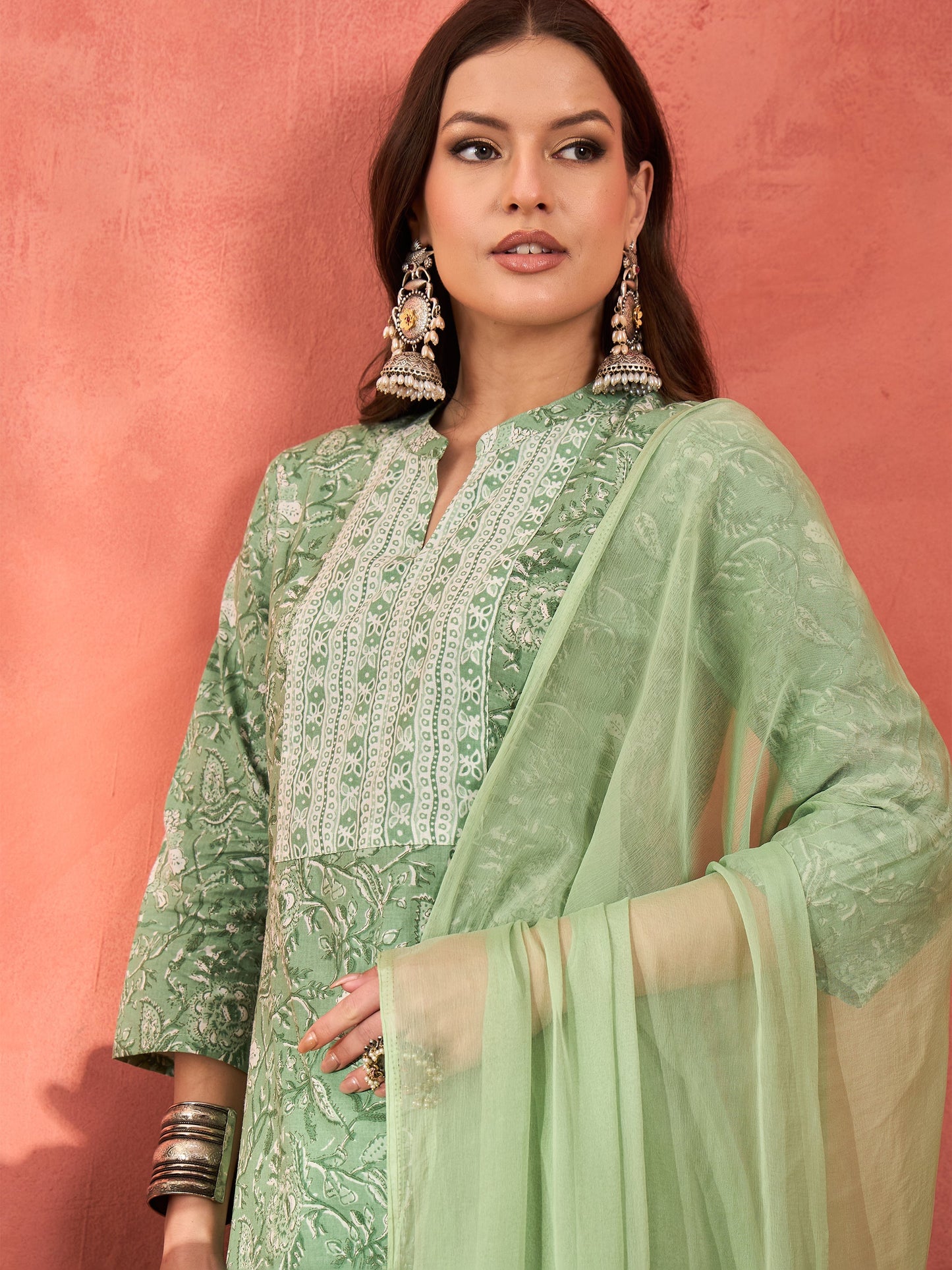 Sea Green Floral Straight Kurta With Pencil Pants & Dupatta-Shae by SASSAFRAS