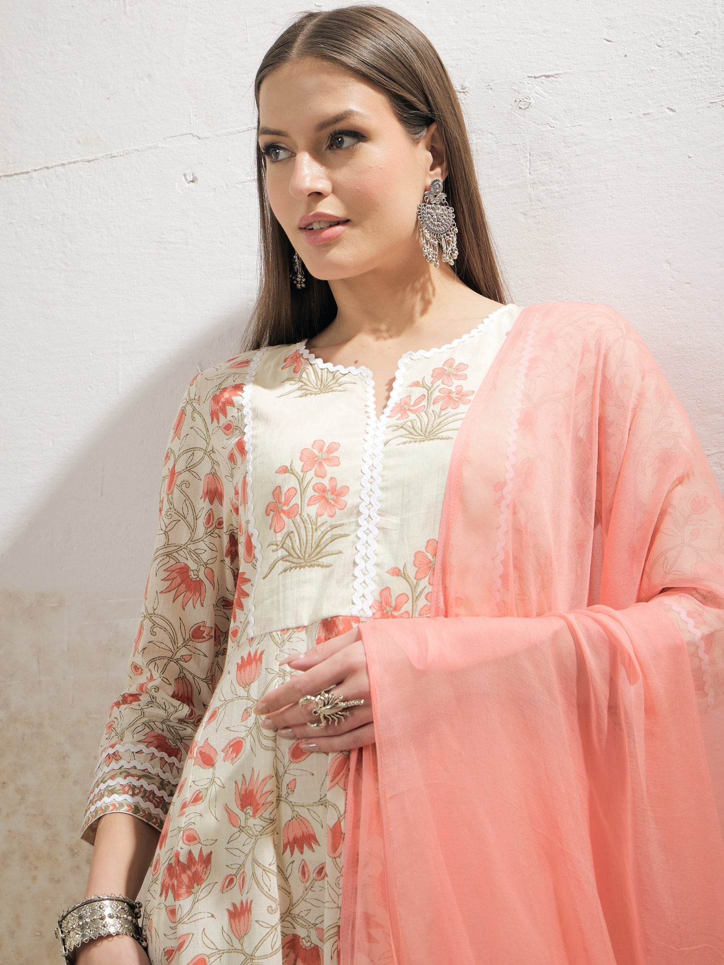 Off White & Red Floral Anarkali Kurta With Pencil Pants & Dupatta-Shae by SASSAFRAS