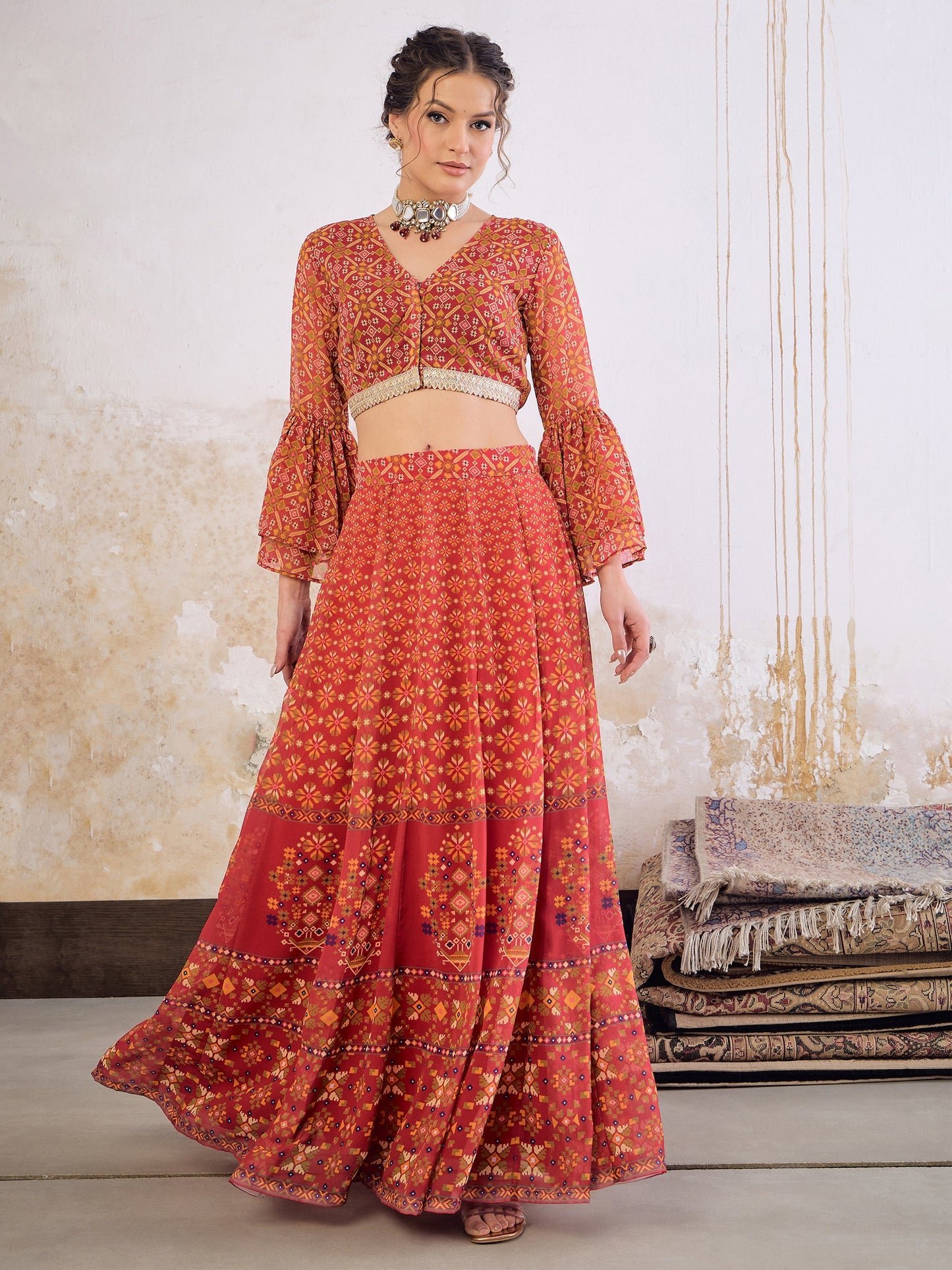 Maroon Floral Frill Sleeves Crop Top With Anarkali Skirt-Shae by SASSAFRAS