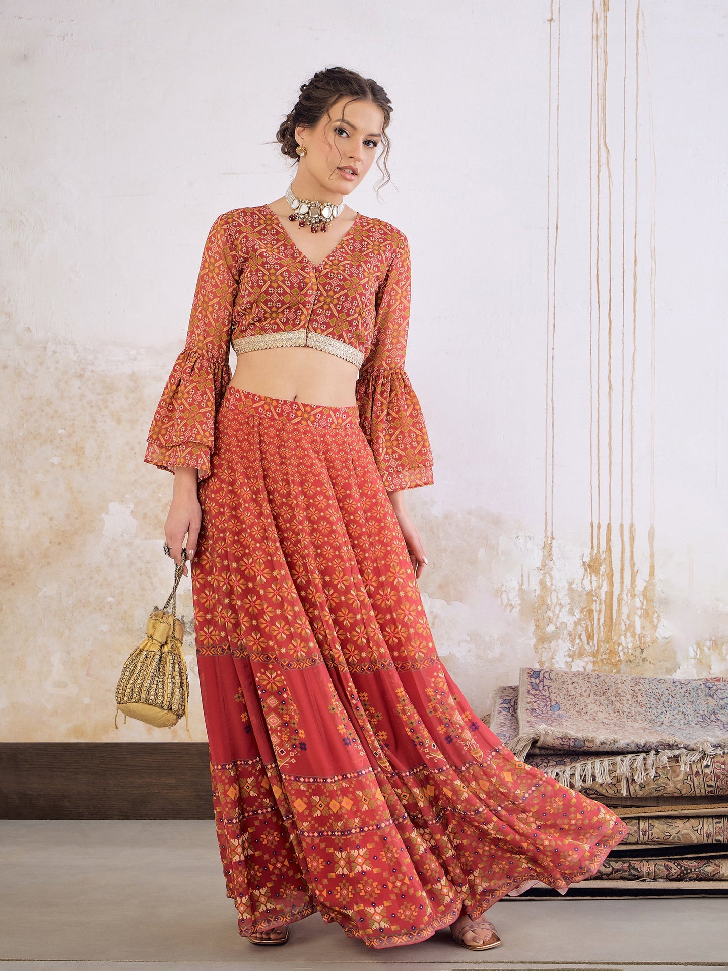Maroon Floral Frill Sleeves Crop Top With Anarkali Skirt-Shae by SASSAFRAS