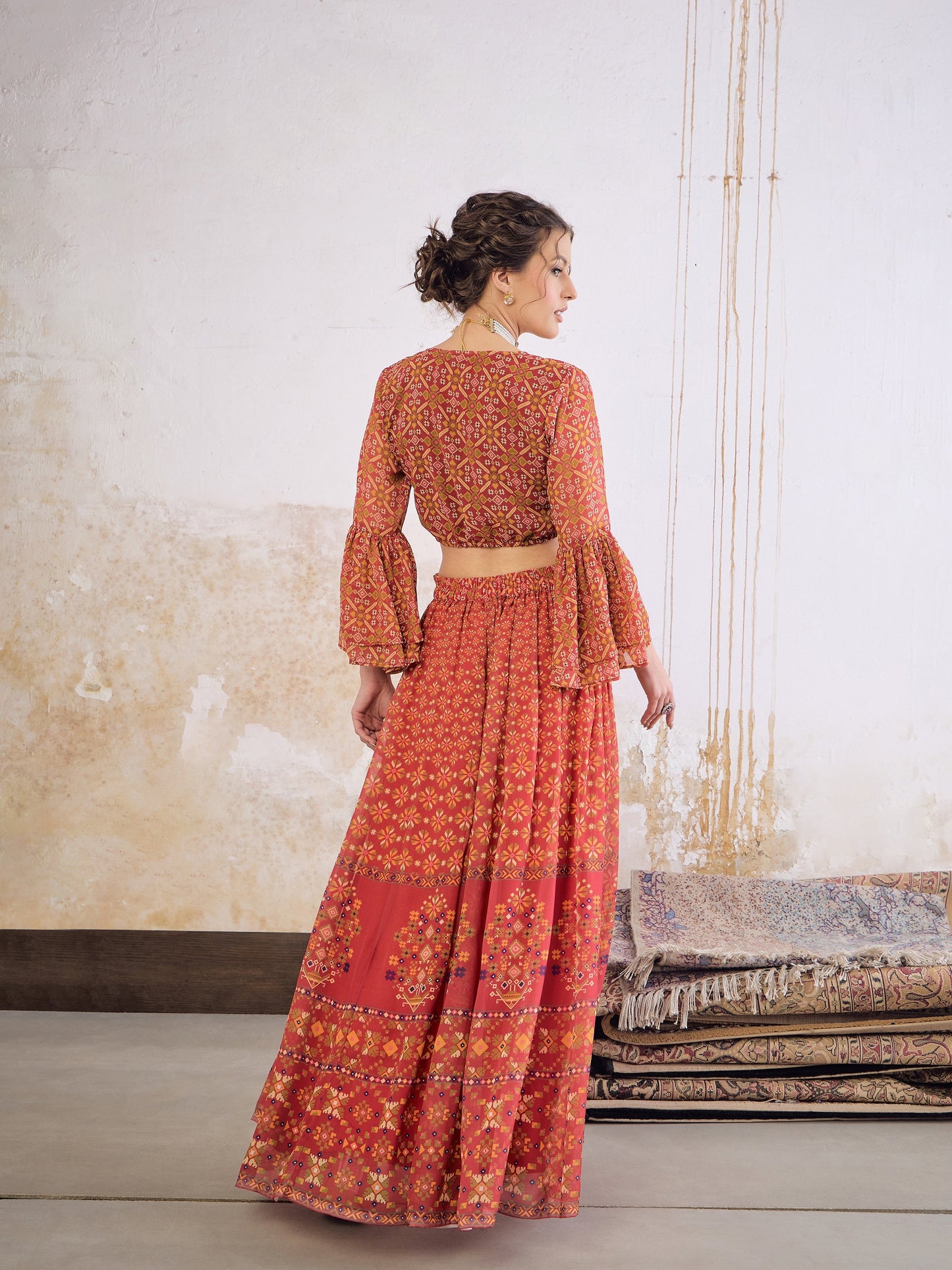Maroon Floral Frill Sleeves Crop Top With Anarkali Skirt-Shae by SASSAFRAS