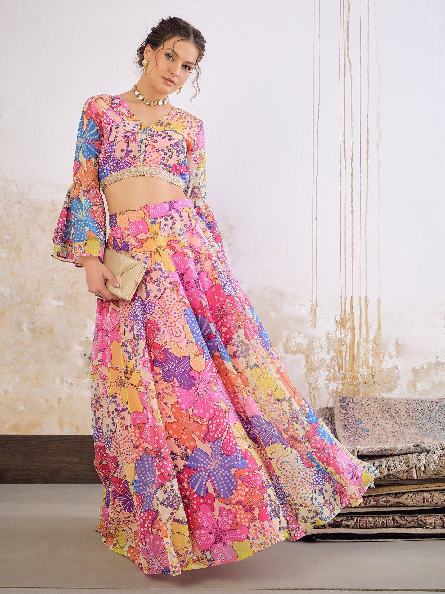 Pink Floral Frill Sleeves Crop Top With Anarkali Skirt -Shae by SASSAFRAS