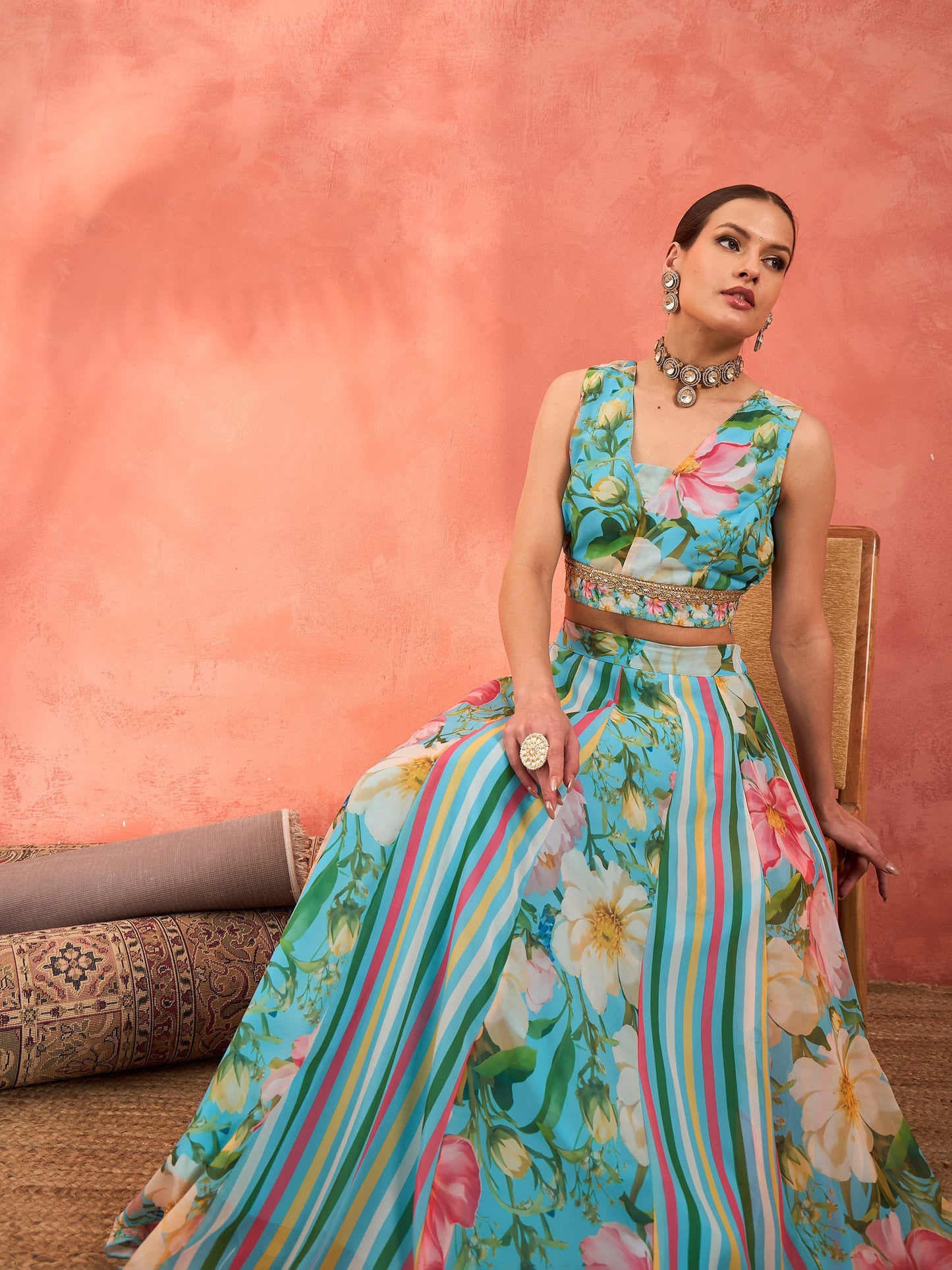 Aqua Blue Floral Sleeveless Crop Top With Anarkali Skirt -Shae by SASSAFRAS